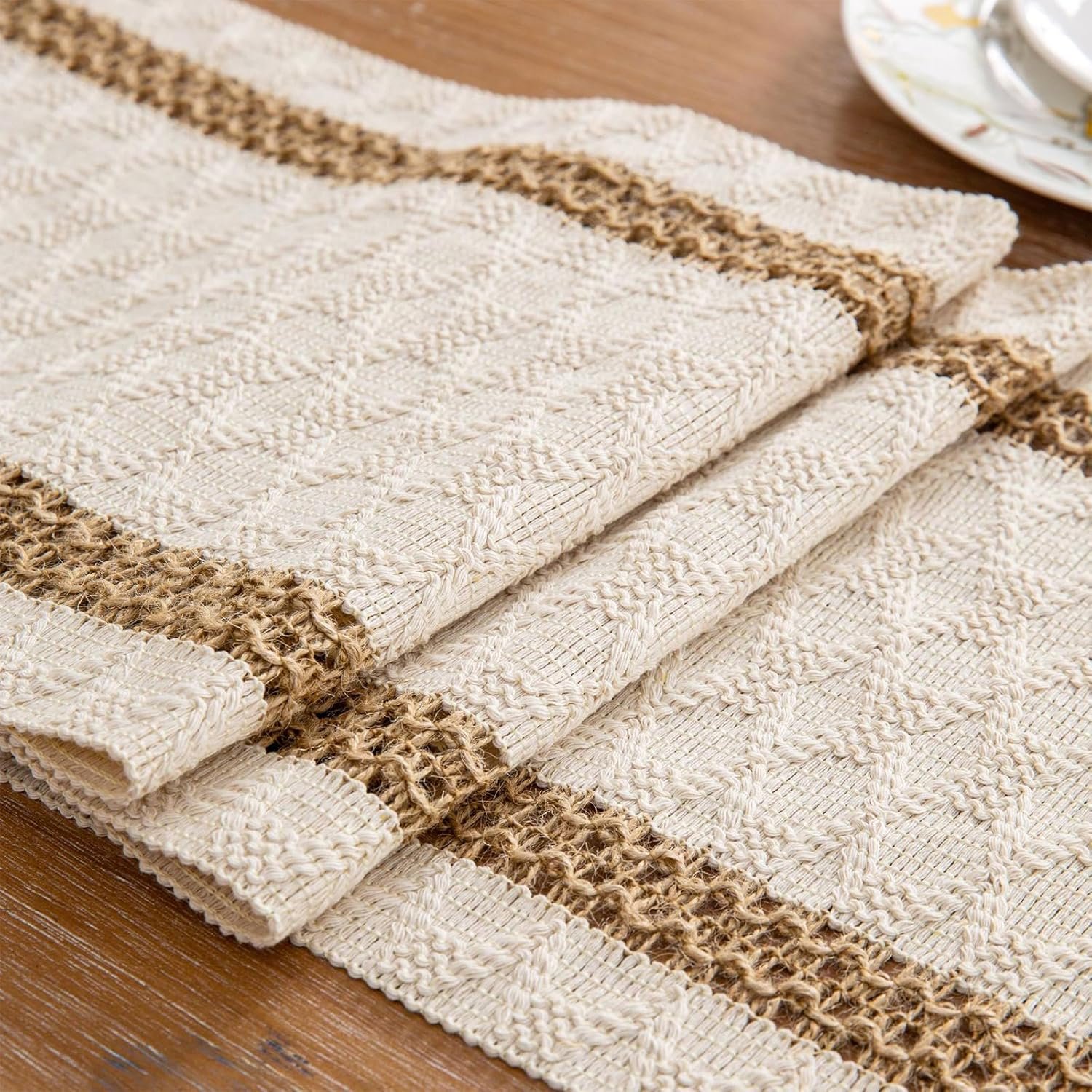 Niviy Boho Table Runner for Easter Spring Home Decor 72 Inches Long Farmhouse Macrame Easter Table Runner Cotton Linen Woven Table Runners for Summer Dining Table Decoration, Beige & Brown