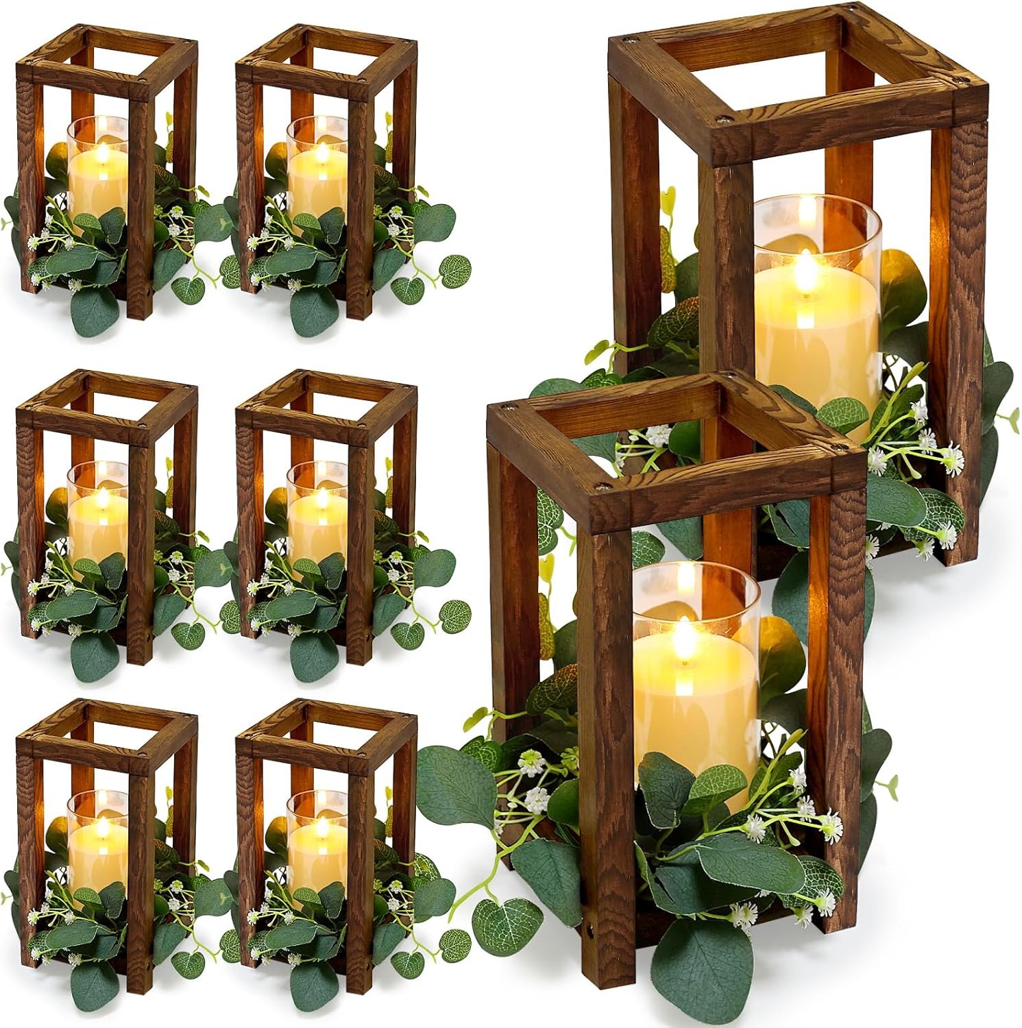 18 Pcs Wooden Lantern Centerpiece – Wedding Lantern with Eucalyptus Candles Wreaths LED Flameless Candles Rustic for Country Wedding Party Farmhouse Table Decor