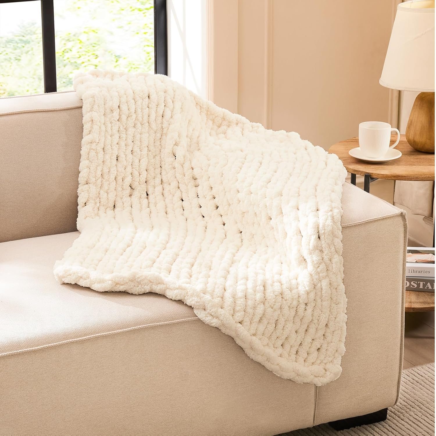 L’AGRATY Chunky Knit Blanket Throw: 30”x40” Chenille Chunky Knitted Throw Blankets for Bed Couch – Handmade Thick Big Cable Knit Blankets – Large Crochet Rope Blanket for Home Decor(Ivory)