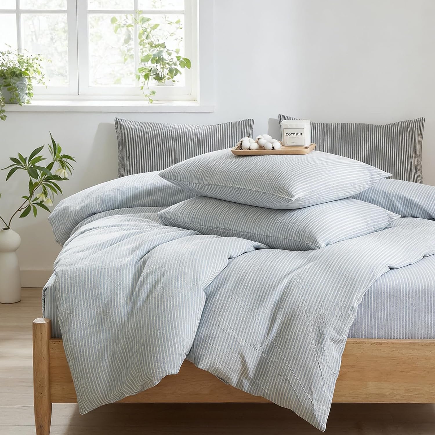 Striped Duvet Cover Set Queen Size 3 Pcs Breathable Durable 100% Washed Cotton Comforter Cover for All Seasons Chic Linen Like Textured Bedding Set (Light Blue White Pinstripes, Queen)