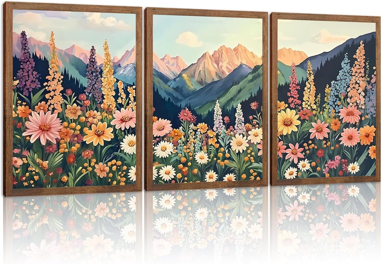 Boho Flower Landscape Wall Art Set of 3, Mountain Wildflower Nature Canvas Prints, Rustic Colorful Daisy Floral Wall Decor for Living Room Bedroom Office Farmhouse Home Decor 12x16In Wood Framed