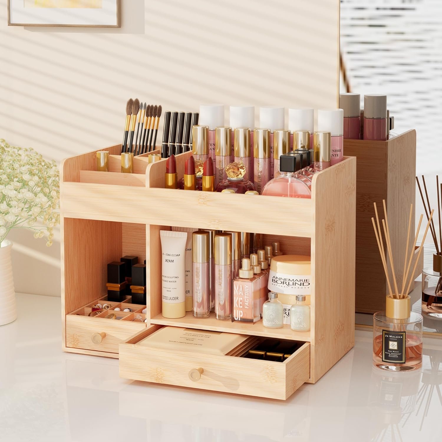 Bamboo Makeup Organizer with Drawers, Cosmetic Storage for Lipstick Organizer Beauty Holder Skincare Organizer for Dresser Vanity Bathroom Countertop, No Assembly Required (Natural)