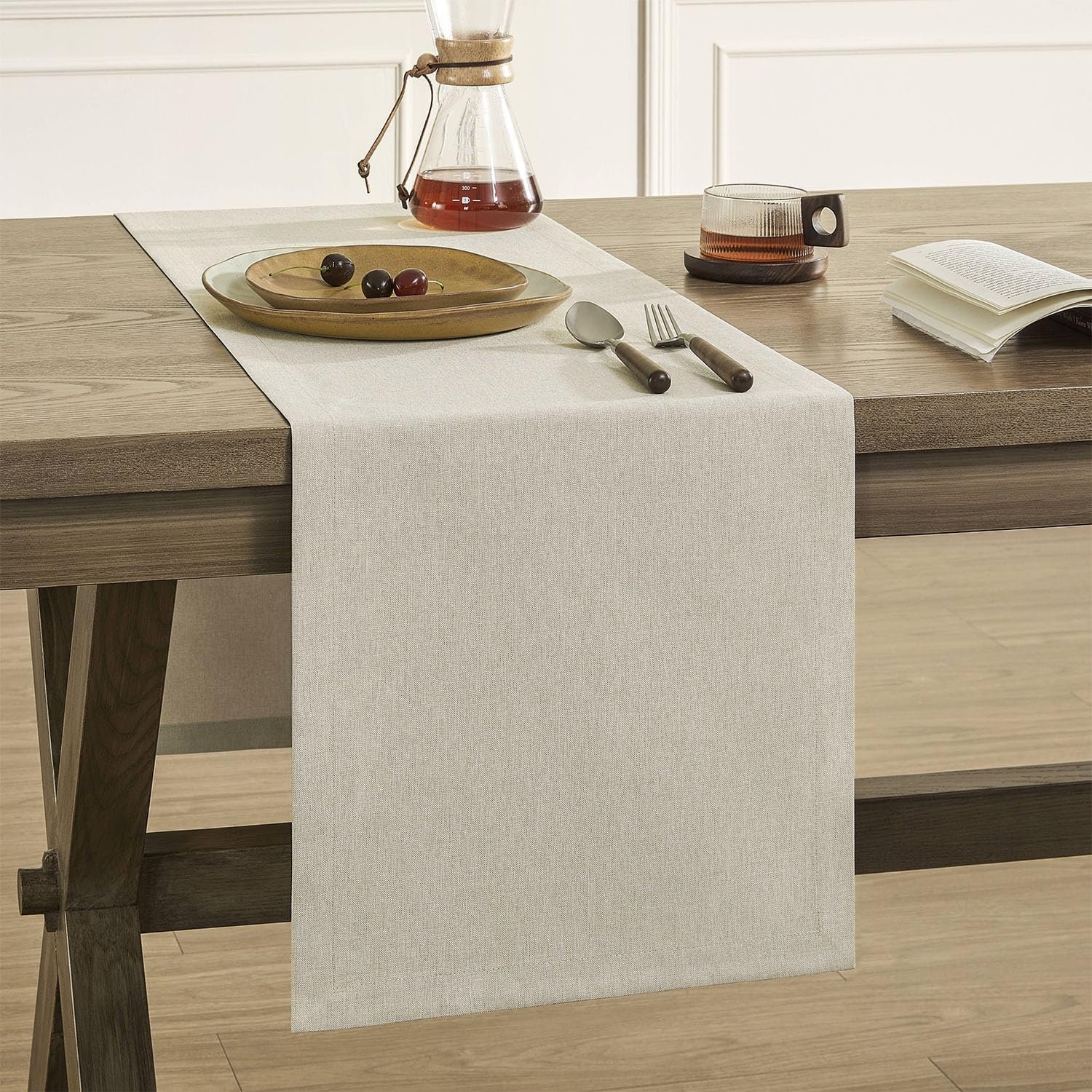 ZeeMart Basic Linen Style Table Runner, 14 x 90 Inch Raw Linen, Rustic Farmhouse Light Beige Table Runners 90 Inches Long, Everyday Polyester Table Runner – Machine Washable & Easy Care