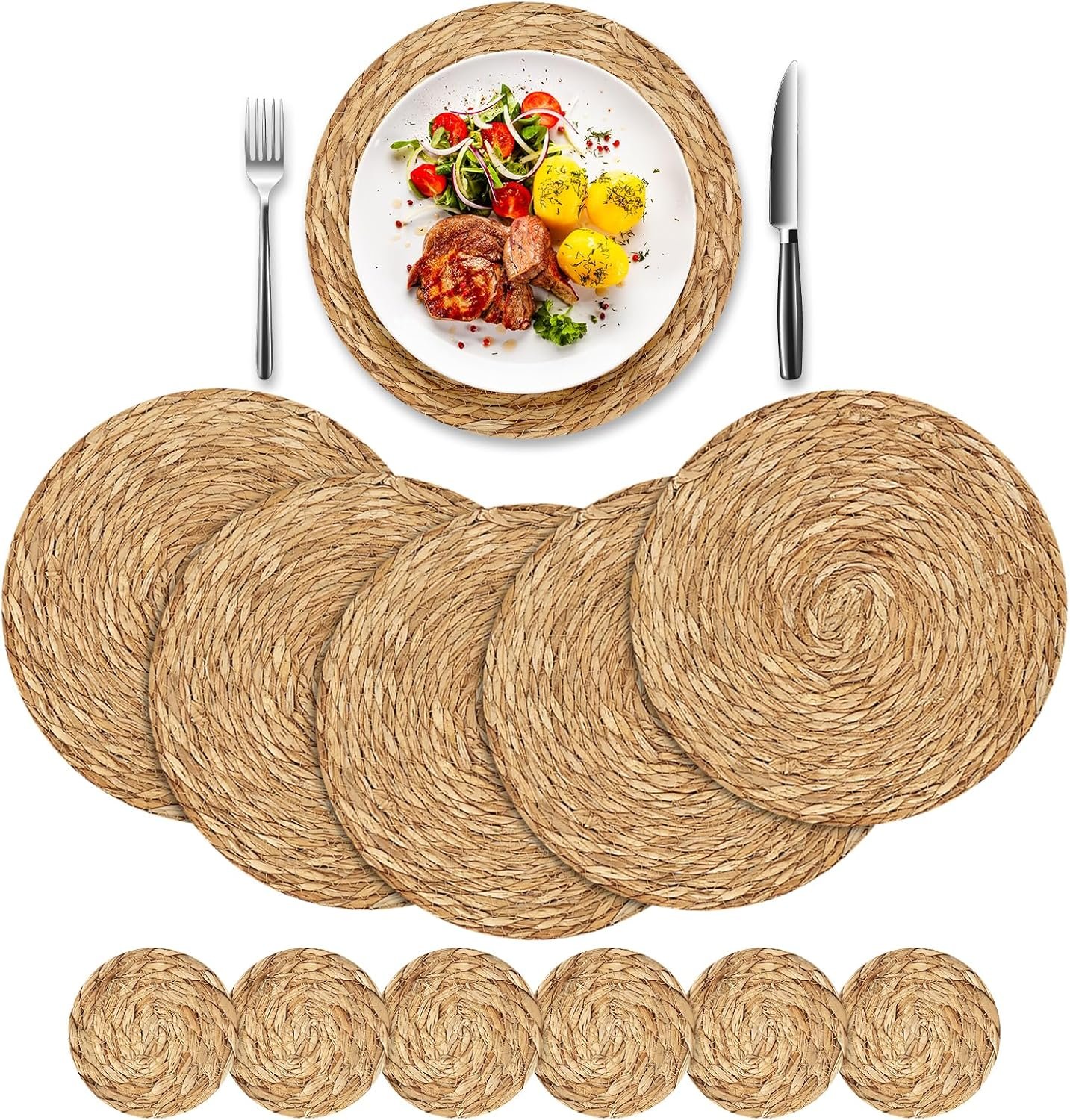 6 Set Rattan Placemats 11.8 Inch Round Natural Woven Placemats, Boho Farmhouse Rustic Style, Perfect placemats Set of 6 for Dining Table, Kitchen, Home Decor, Party, Events