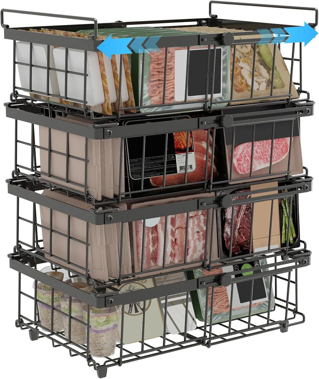 UMDONX 4-Pack Expandable Stackable Chest Freezer Organizer Bins – Large, Adjustable from 11.4″ to 17.9″, Fits 10-20 Cu. Ft. Freezers, Black