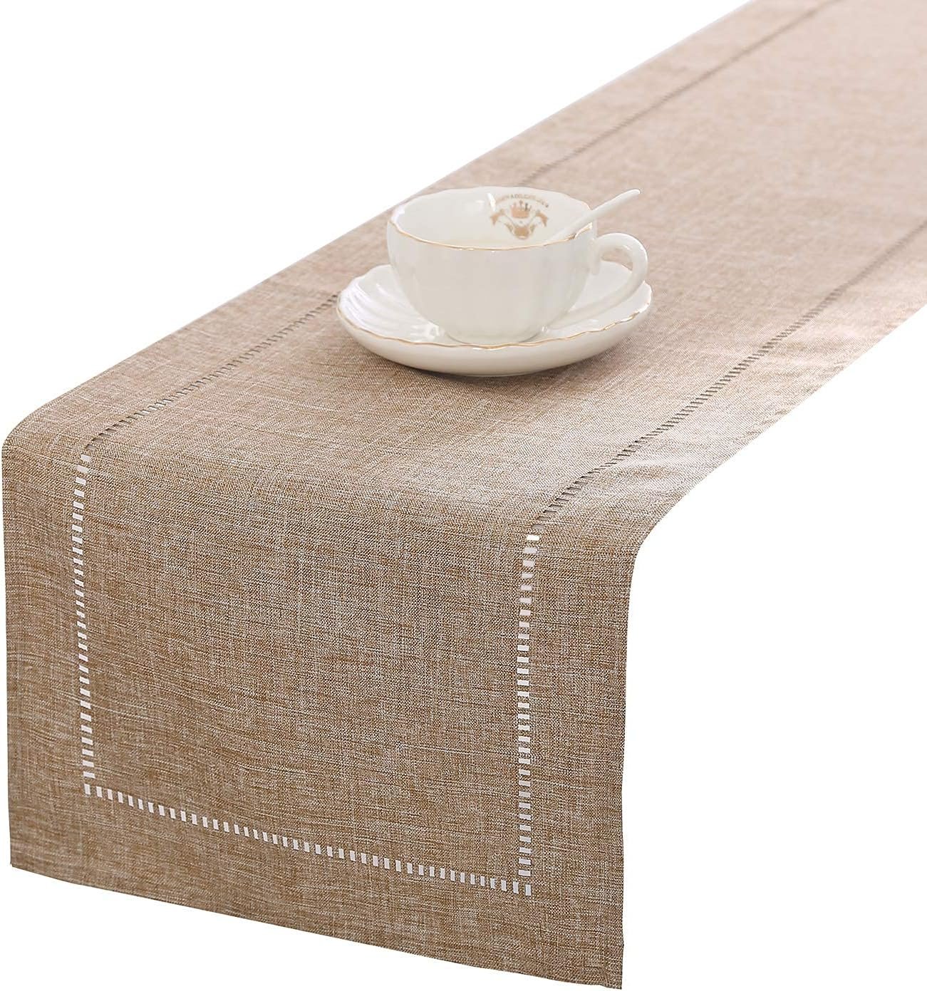 Tosewever Decorative Linen Table Runner Farmhouse Style Tabletop Collection 14 x 72 Inches Table Runners for Everyday Dining Wedding Party Holiday Home Decor (14″ x 72″, Light Coffee/Straight)