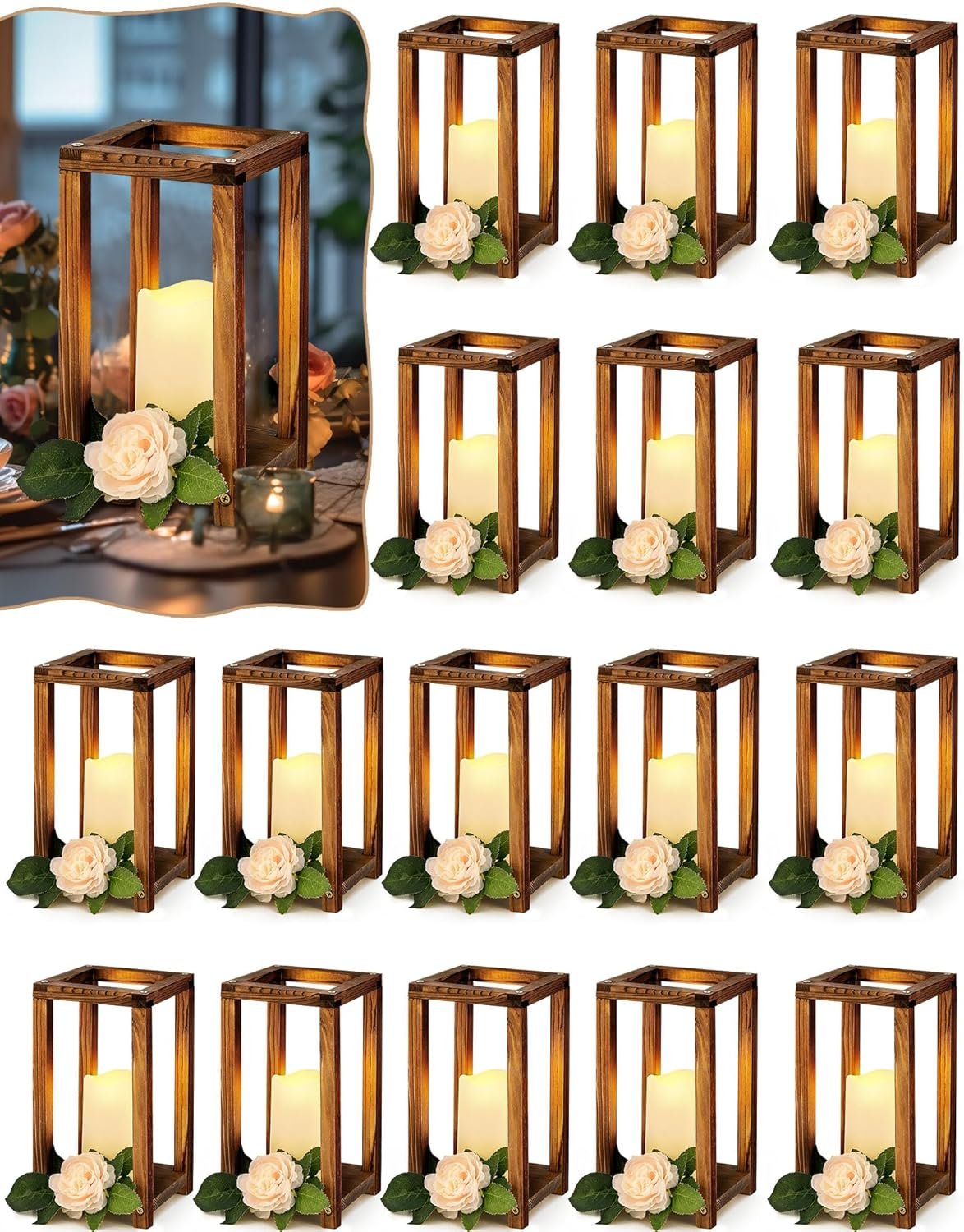 32 Pcs/16 Set Wooden Wedding Lantern Centerpiece Include Farmhouse Candle Holders and Flameless LED Candles for Rustic Wedding Table Decoration