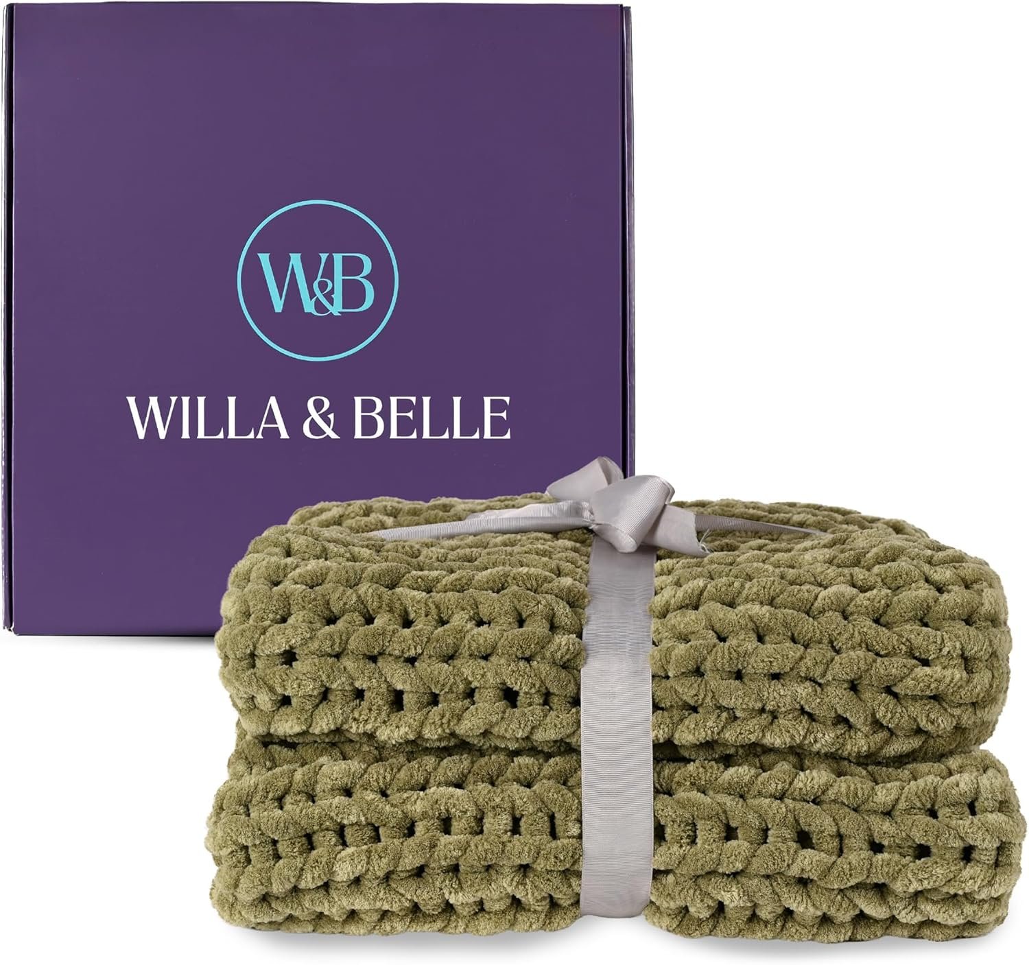 Willa and Belle Olive Green Chunky Knit Luxury Throw Blanket, Soft Handwoven Thick Knit Blanket for Couch or Bed, Cozy Decorative Knitted Blanket, 50×60