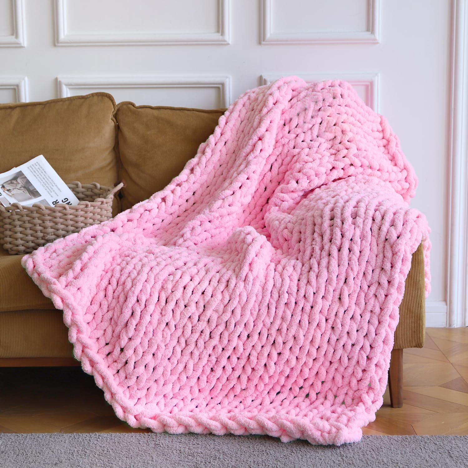 Pink Knit Throw Blanket, 50×60” Soft Light Pink Chunky Knit Throw Blanket for Couch Hand Knitted Blanket Yarn Thick Boho Chunky Throws for Bed Sofa Easter Cable Knit Blankets for Women