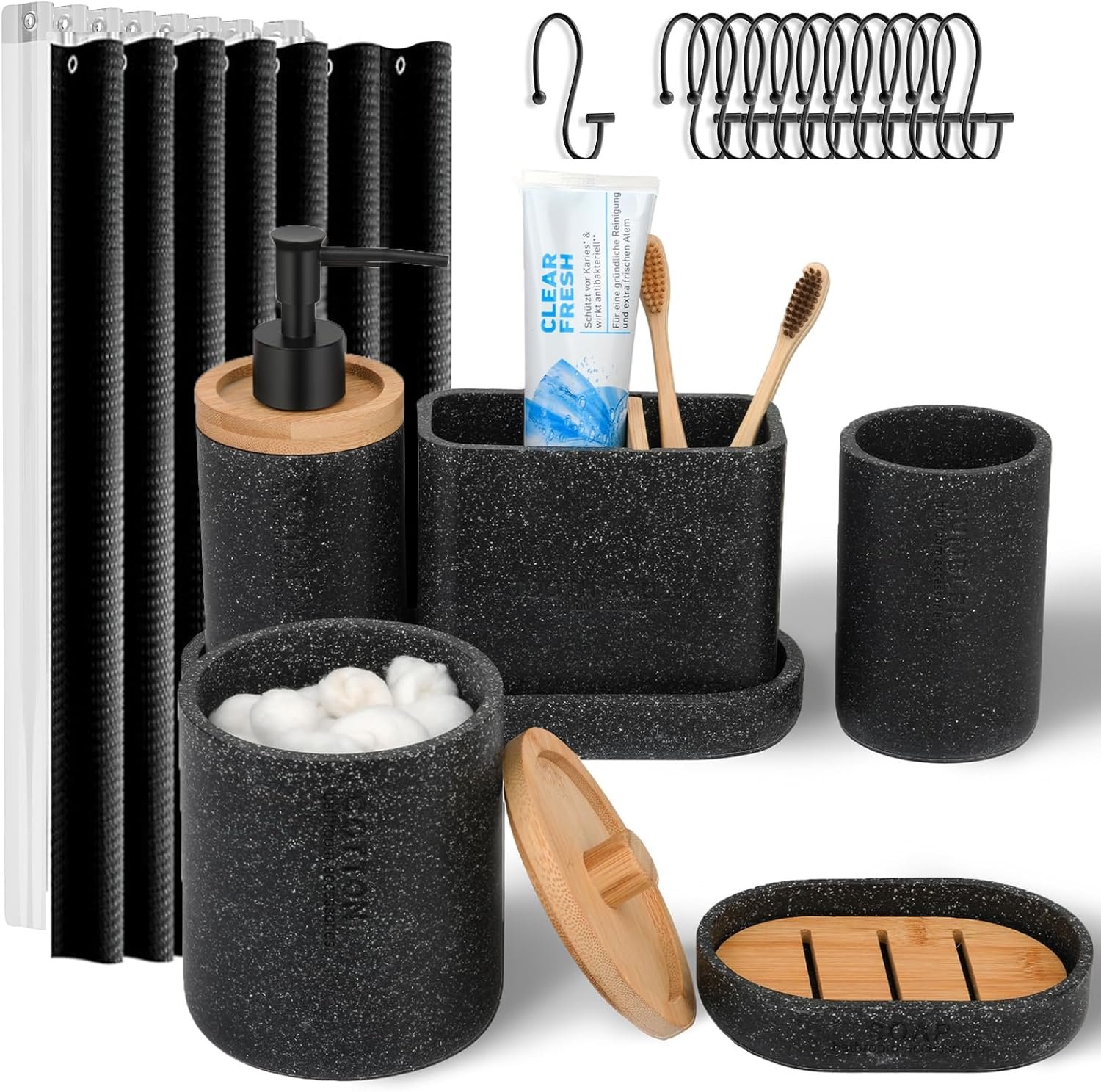 20PC Black Modern Bathroom Accessories Set with Shower Curtain, Toothbrush Holders, Soap Dispenser, Vanity Tray, Cotton Swab Jars, Bathroom Decor Organizer
