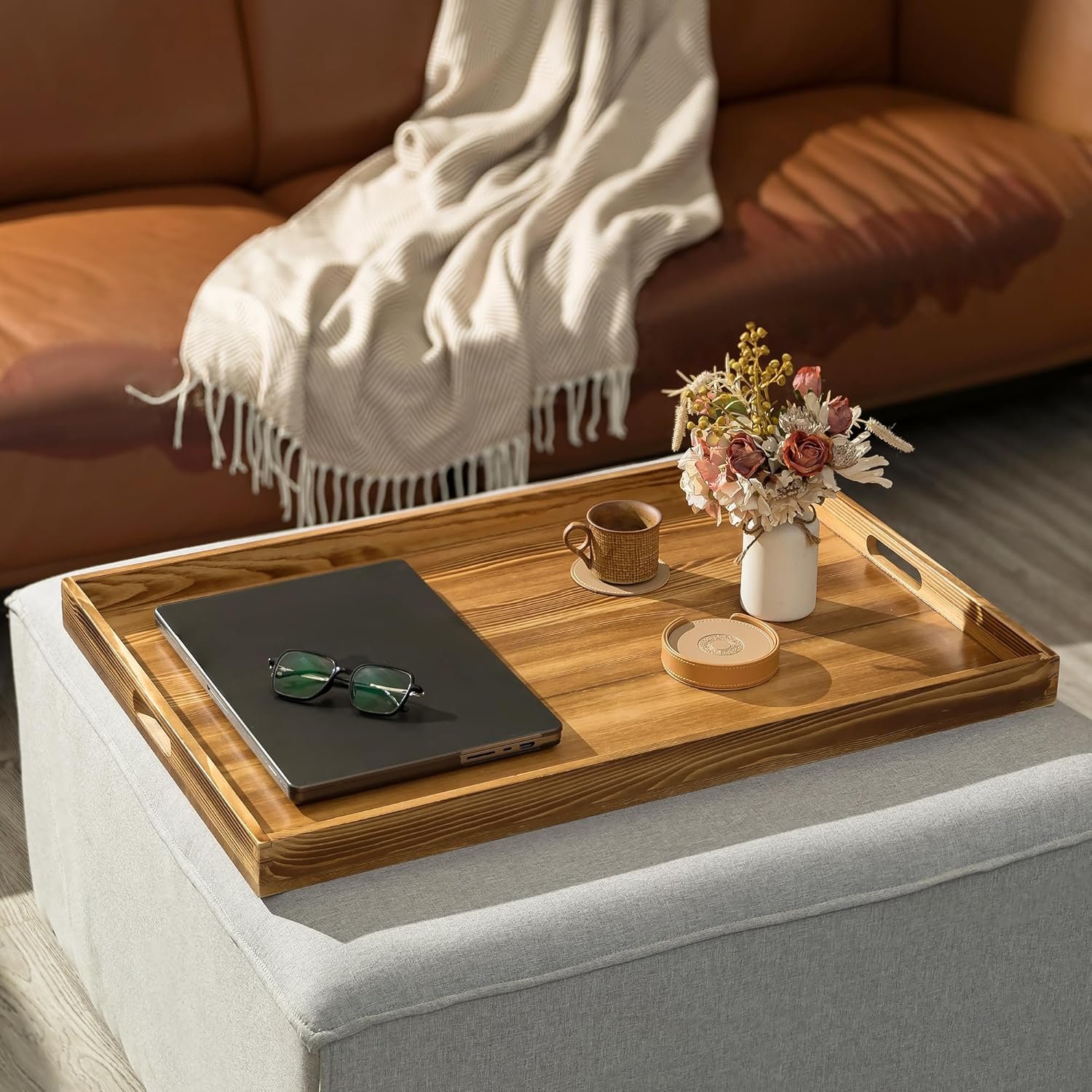Hanobe Ottoman Serving Tray Large: 30″ Decorative Trays with Handles – Wood Coffee Table Decor for Home Living Room Kitchen Counter
