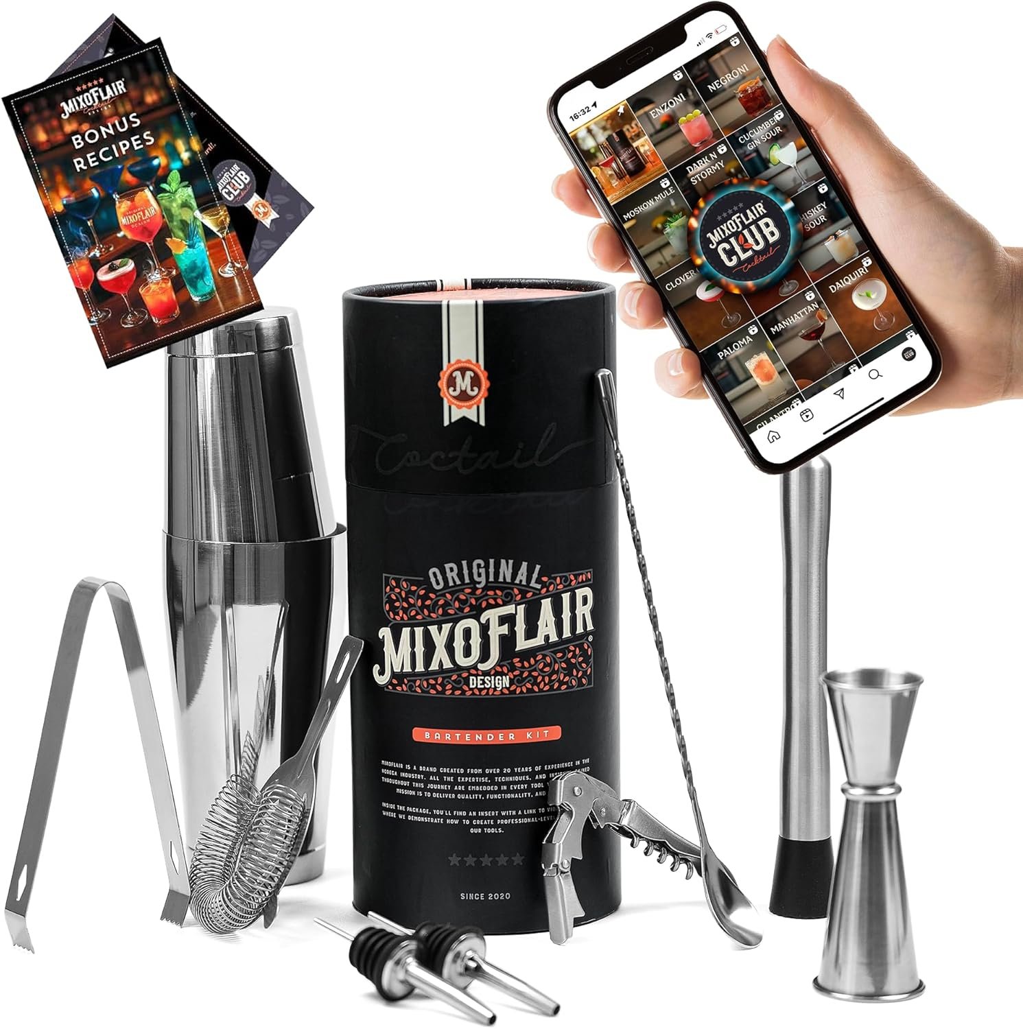 Mixology Bartender Kit with Boston Cocktail Shaker – 9pc Stainless Steel Bar Tool Set – Drink Mixer, Cocktail Accessories, Home Bar Essentials, Martini Barware Set, Men or Women Bartending Gift