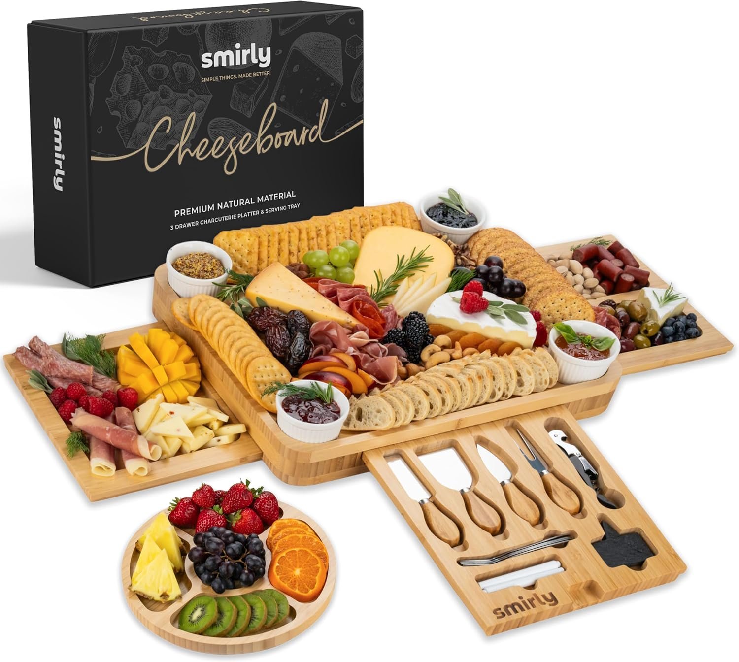 SMIRLY Charcuterie Boards Set – Large Bamboo Cheese Board Set – House Warming Gifts New Home, Wedding Gift for Couple, Bridal Shower Gift, Birthday Gifts for Women