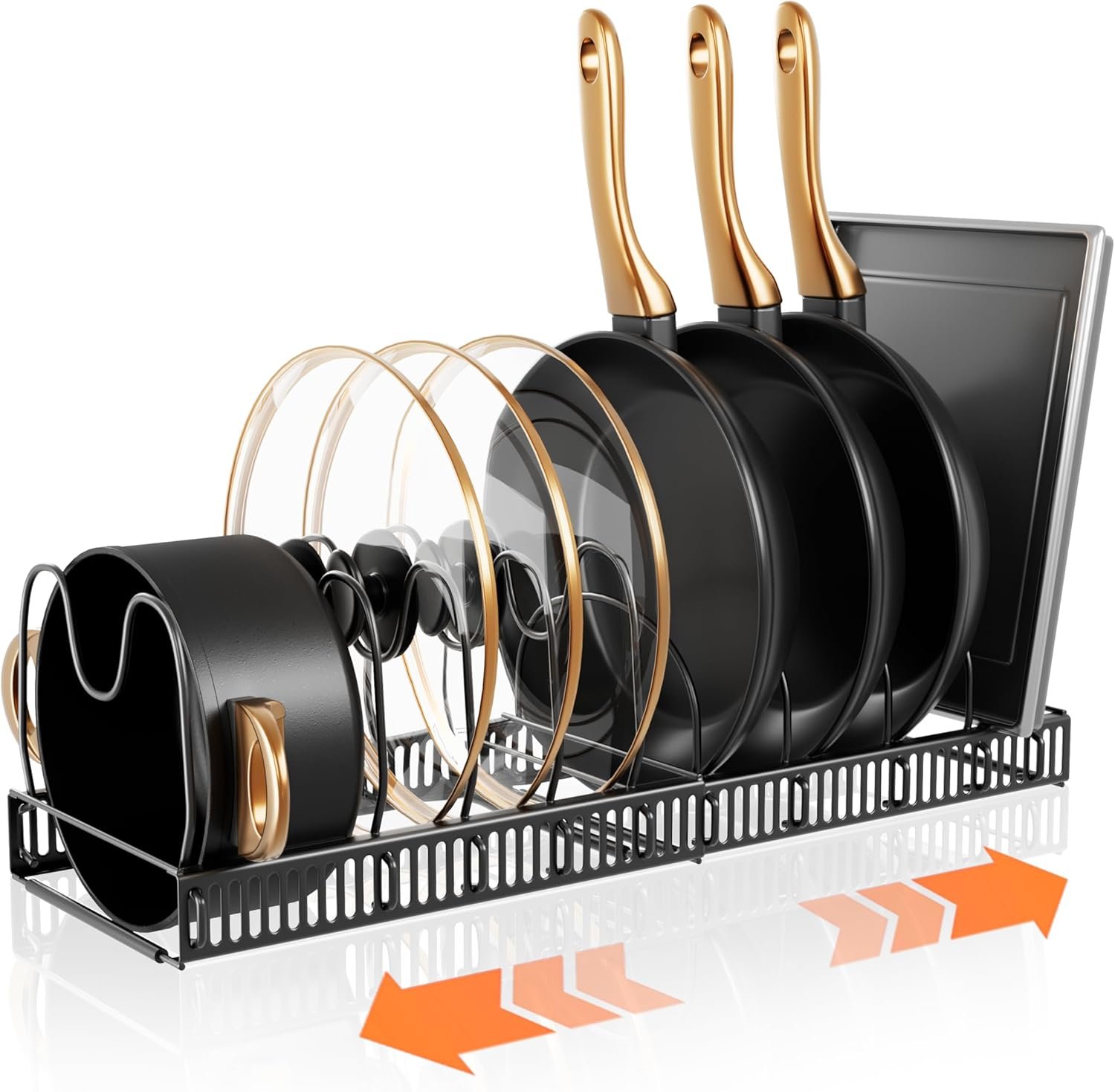 Pots and Pans Organizer Rack for Under Cabinet Expandable Pot Lid holders inside Organizer 10 Adjustable Divider Pan organizer 11.81”-22.85” Pan lid organizer for cabinet Organizer for Bakeware