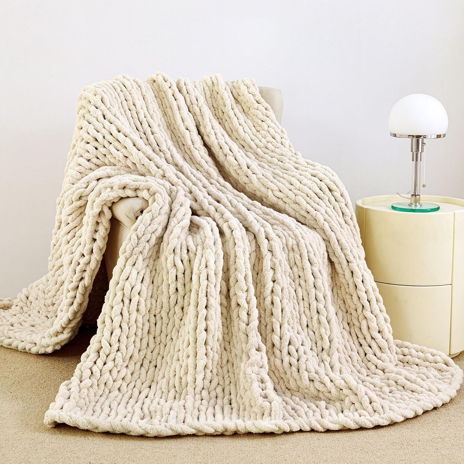 Admitrack Chunky Knit Blanket Throw 51″x63″, 100% Hand Knit Chenille Throw Blanket for Sofa & Home Decor, Soft and Cozy Knitted Throw Blankets (Ivory，51″x63″)