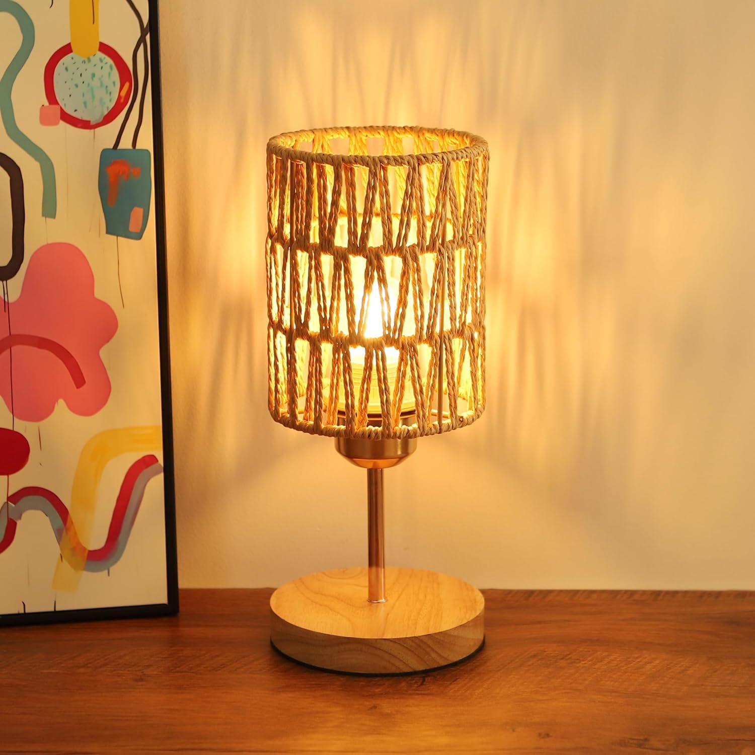 Boho Small Table Lamp with Bulb,Rustic Rattan Lamp for Bedroom,Nightstand Lamps,Table Lamps for Living Room,Wooden Base Bedside Lamps,Desk Lamp for Small Spaces (Brown-A)