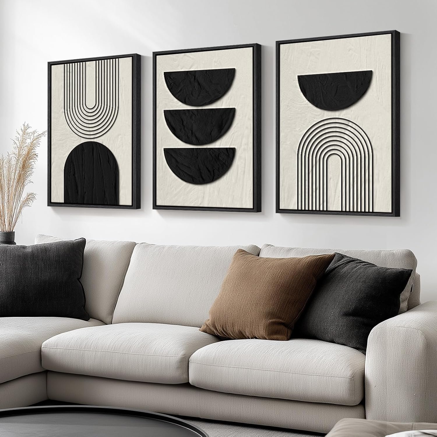 Framed Boho Wall Art for Living Room, Large 3 Piece Neutral Geometric Black and Beige Abstract Pictures Wall Art Decor, Farmhouse Vintage Artwork Home Decor for Hallway Office Guest Room 24×36 Inch