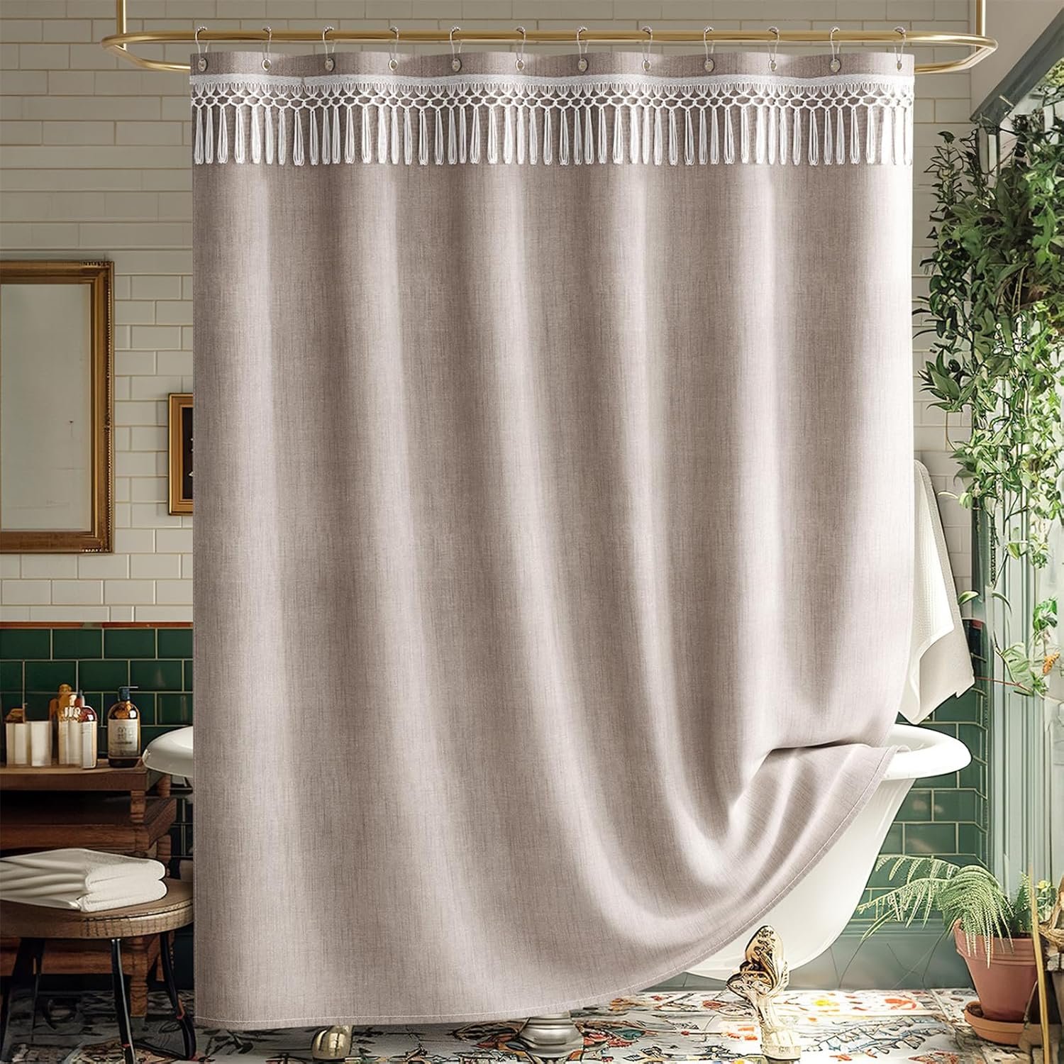 AmazerBath Taupe Boho Shower Curtain with Tassels, Linen Textured Farmhouse Shower Curtain Set with 12 Hooks, Washable Water-Repellent Neutral Fabric, 72×72 Inches Tan