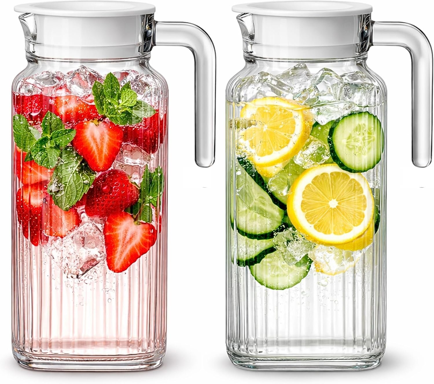 Glass Pitcher with Lid – 2 Pack 55 oz Glass Water Pitcher, Iced Tea Pitcher with Handle, Ribbed Juice Container for Fridge, Glass Beverage Container for Lemonade, Milk, Drinks