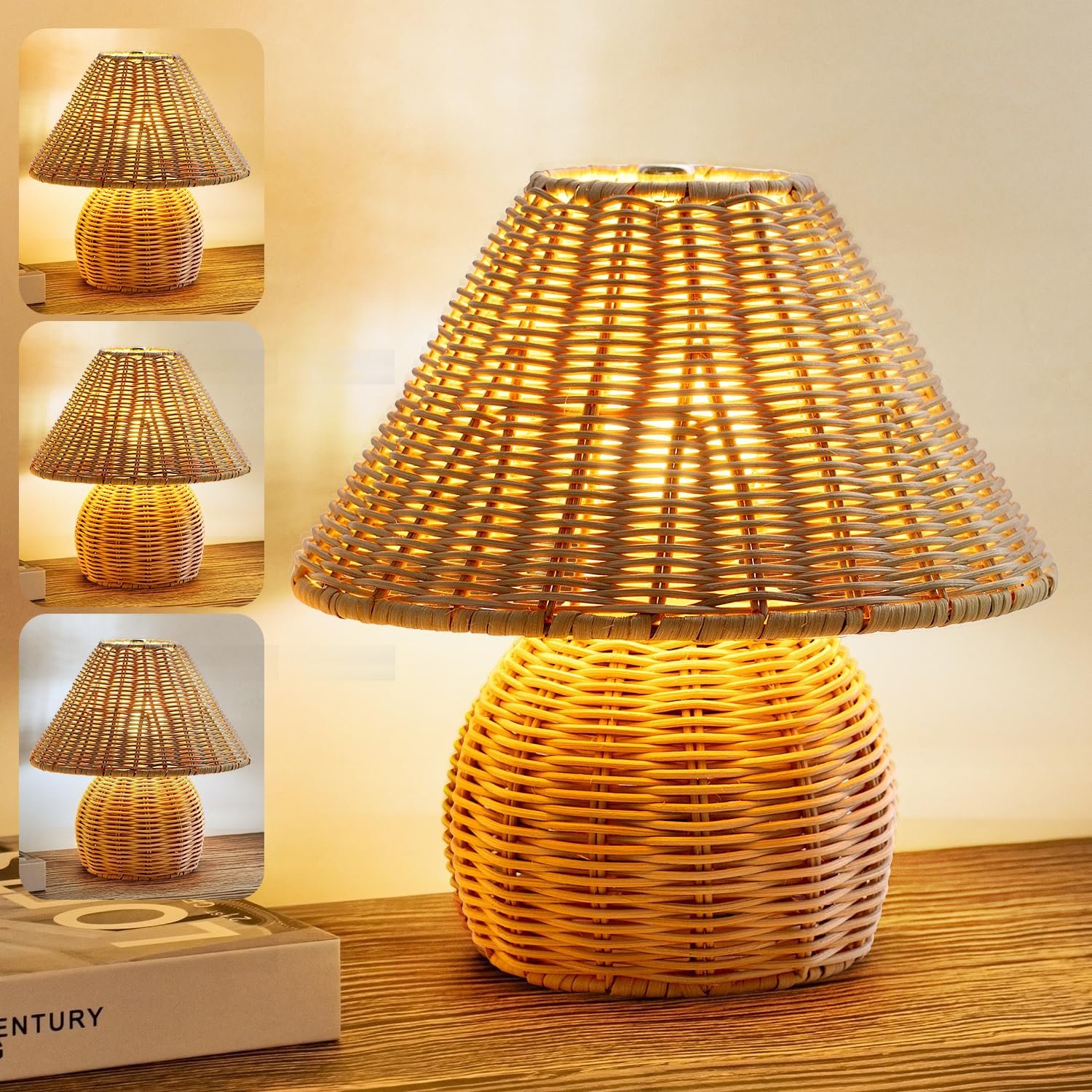 Bamboo Table Lamp Handmade Boho Rattan Bedside Lamp,3 Colors Adjustable Vintage Wicker Wooden Nightstand Lamp with E26 Bulb for Bedroom Living Room Desk Entrance