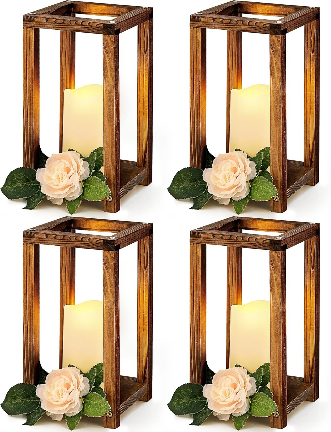 8 Pcs Wooden Wedding Lantern Centerpiece for Table Decoration Includes 4 Farmhouse Candle Holder and 4 Flameless Decorative LED Candles for Rustic Home Wedding Decor(Dark Brown)