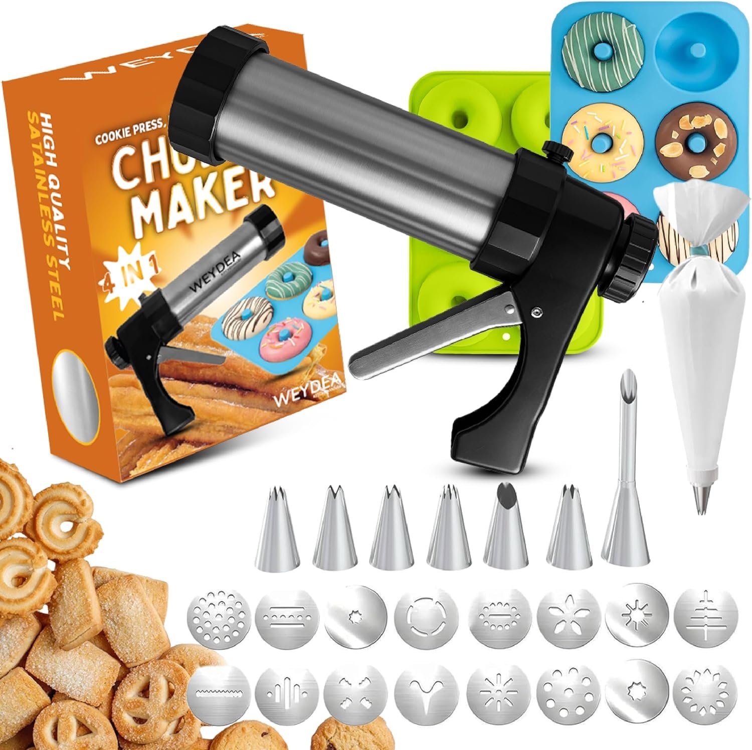 Churro Maker Machine & Cookie Press 4in1 Manual Churros Maker with Nozzles, Jerky Gun, Piping Kit, Cookie Press Gun, Make Churros, Cookies, Donuts, Baking Accessories Included (churreras para churros)