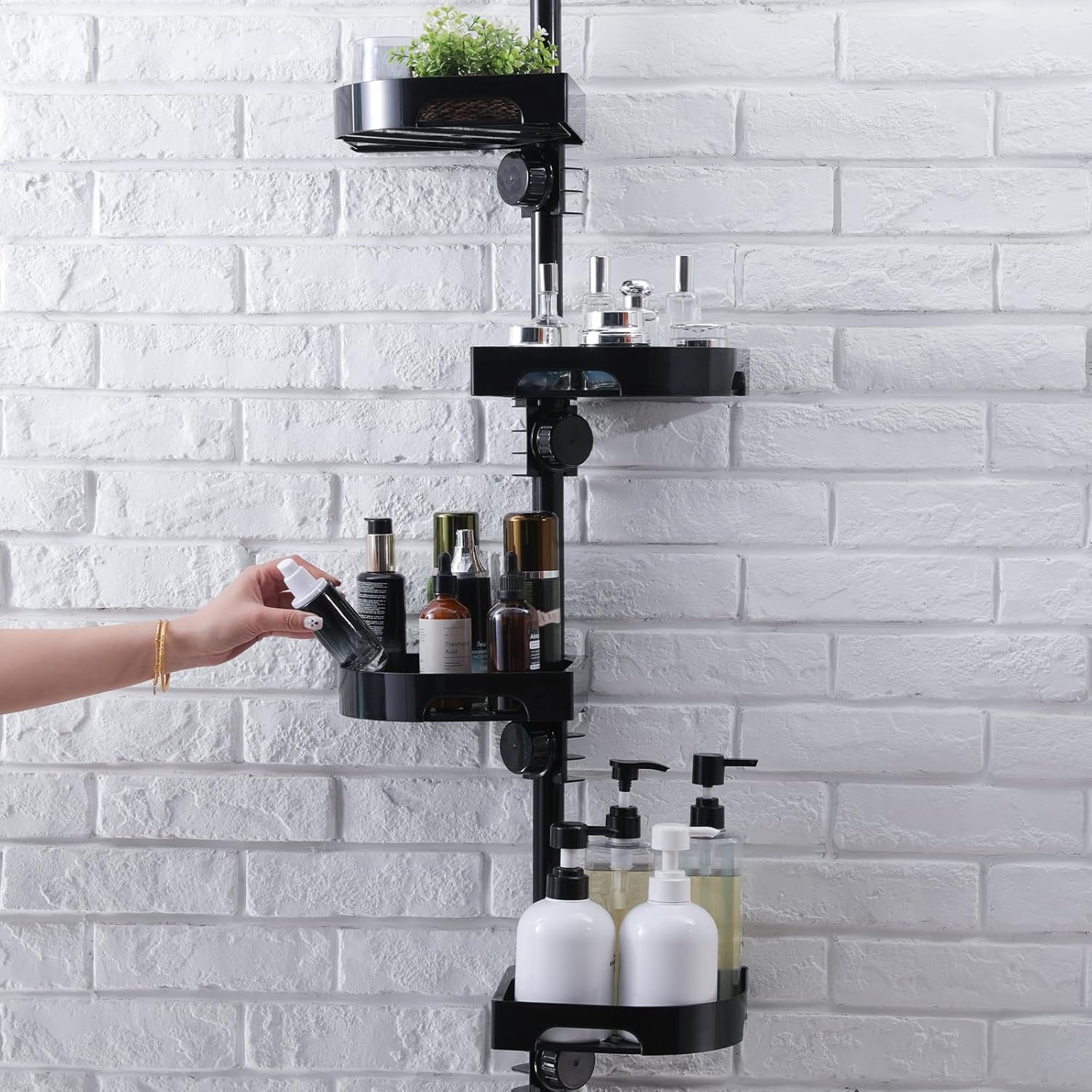 4-Tier Corner Shower Caddy Tension Pole Organizer – Adjustable Rustproof Metal Tension Pole, Plastic Shelves with Safety Guardrail, Bathroom Storage for Shower & Bathtub(Black)