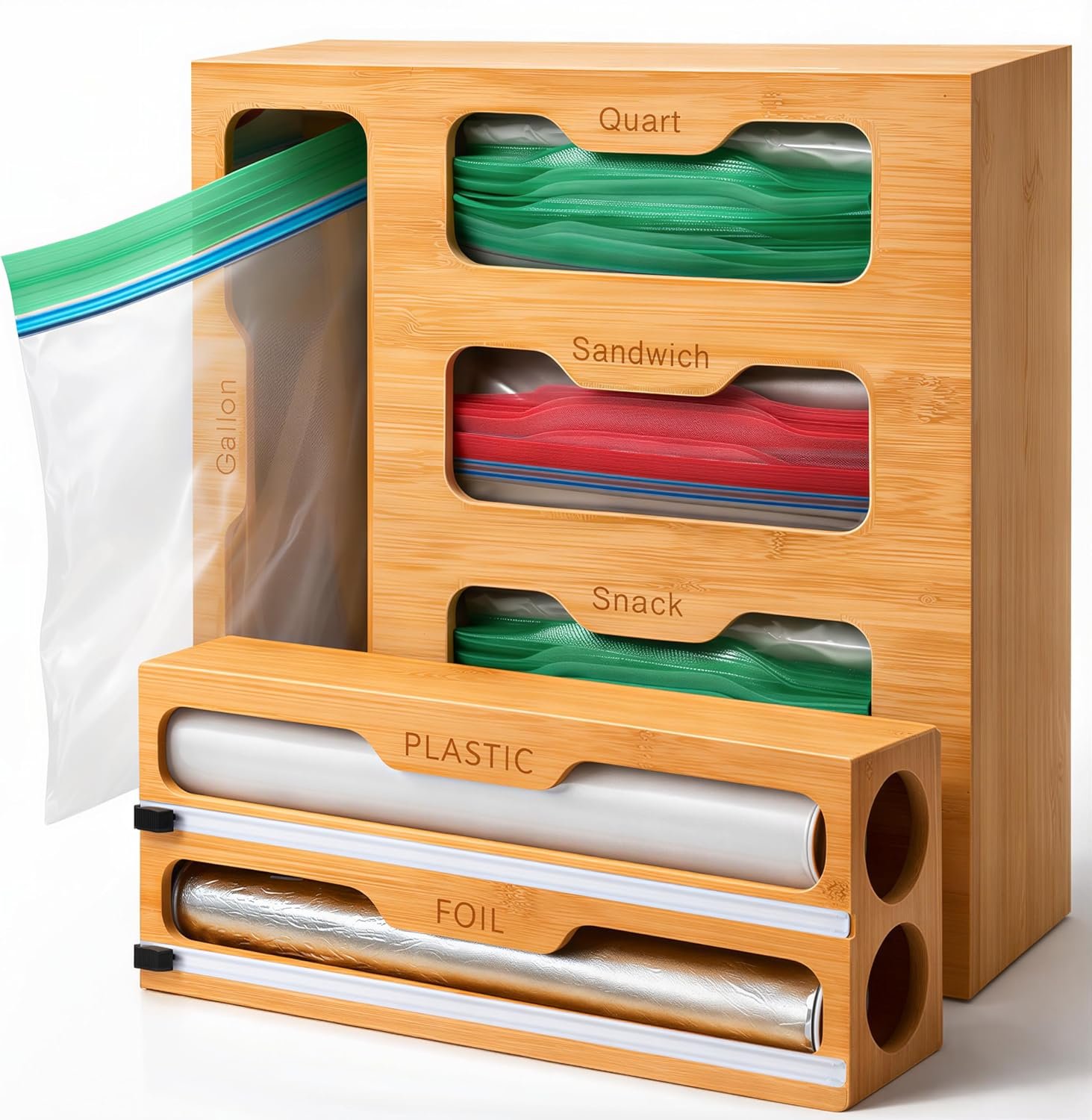 Bamboo Food Storage Bag Organizer for Drawer with Foil & Plastic Wrap Dispenser – 4 in 1 Premium Kitchen Drawer Organizer for Gallon, Quart & Sandwich Bags