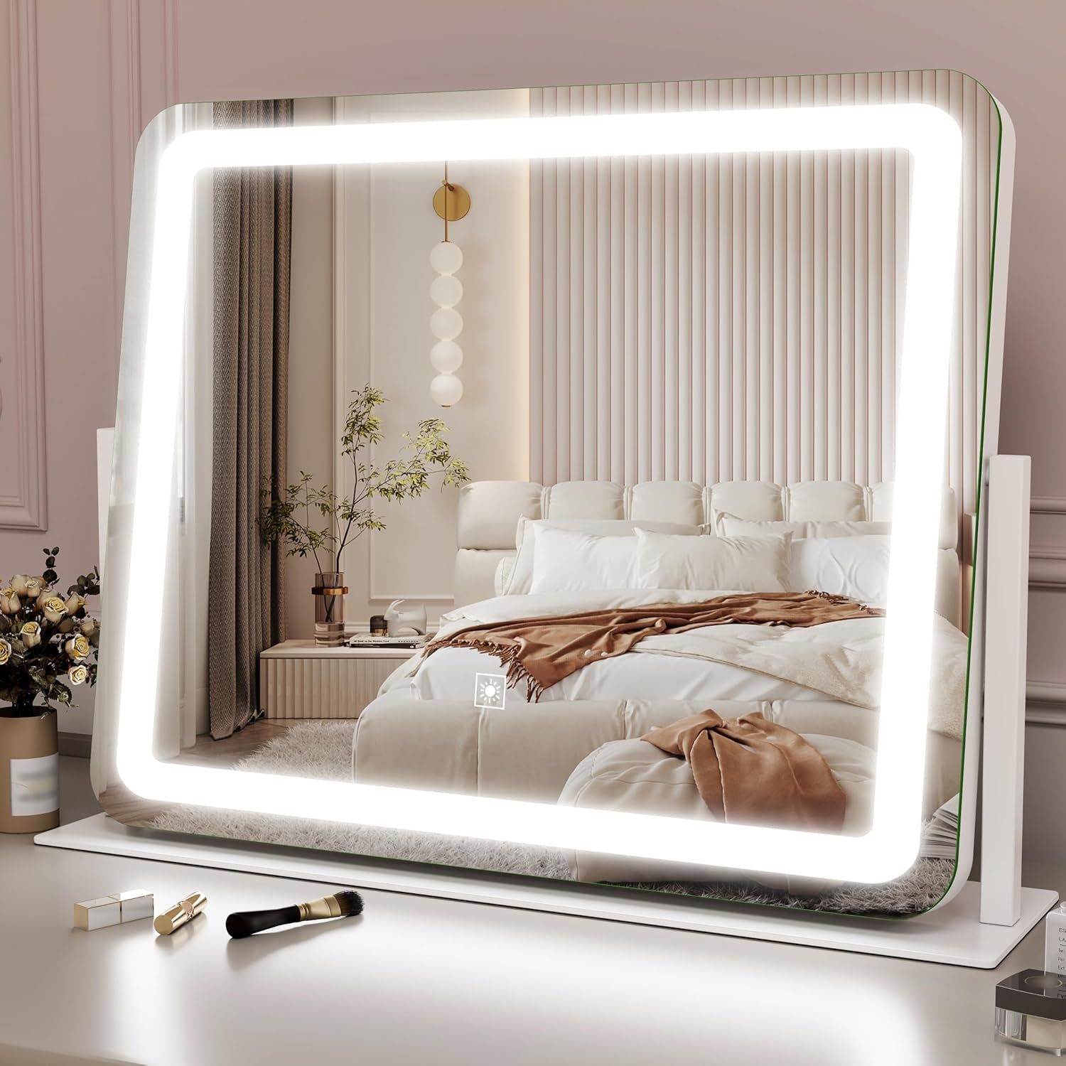 ROLOVE 22×17 Inch Lighted Vanity Mirror with Dimmable LED Lights – 3 Color Modes, Smart Touch Control & 360° Rotating Base – Desk Makeup Mirror (White)