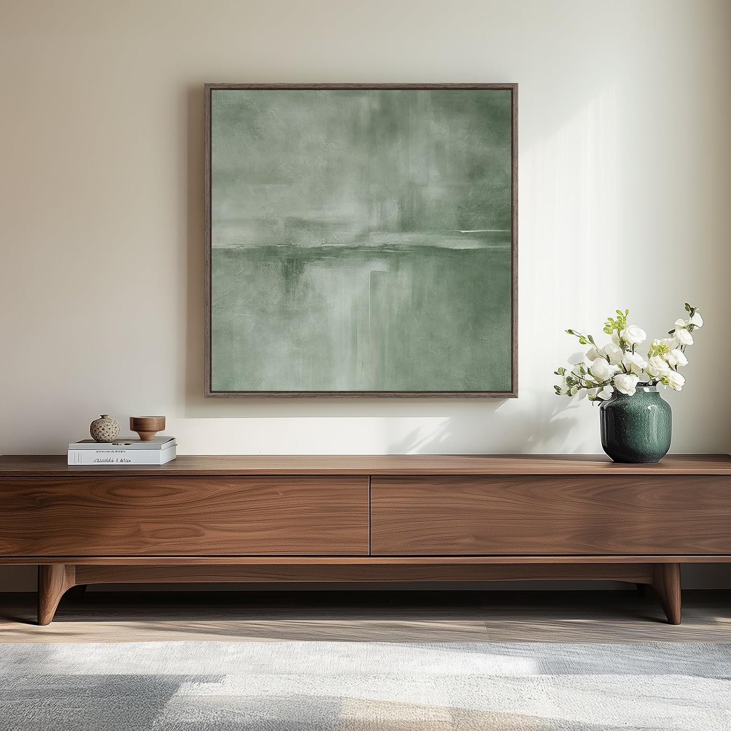 Framed Sage Green Abstract Wall Art, Modern Canvas Prints Artwork for Walls, Square Minimalist All Green Abstract Pictures for Living Room, Hallway, Fireplace, Bedroom, Home Office Wall Decor 30×30 In