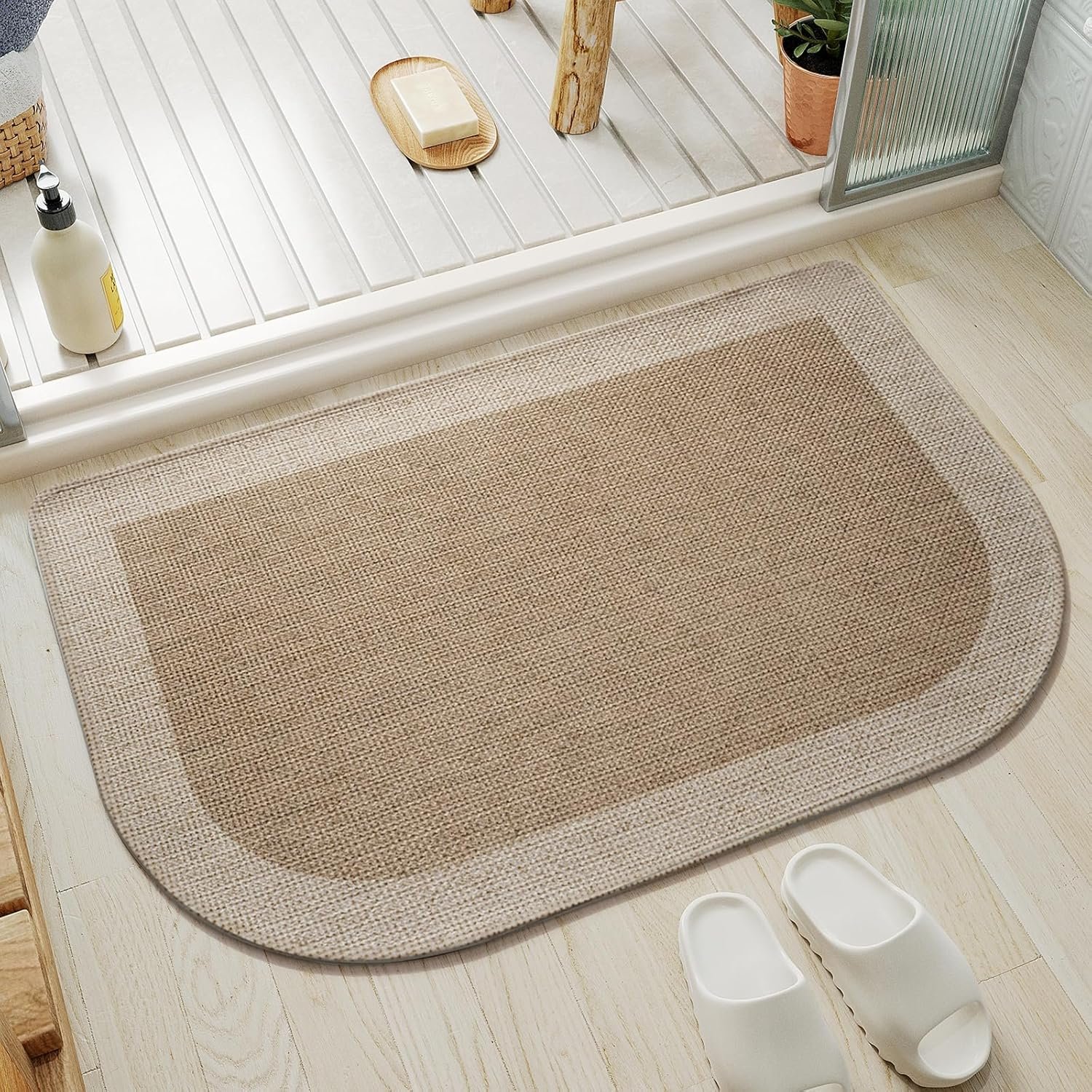 Half Circle Bath Mat, Non Slip Bath Mat, Thin Bathroom Rugs Fit Under Door Quick Dry Absorbent Washable Bathroom Mat with Rubber Backing, Brown Beige 16×24
