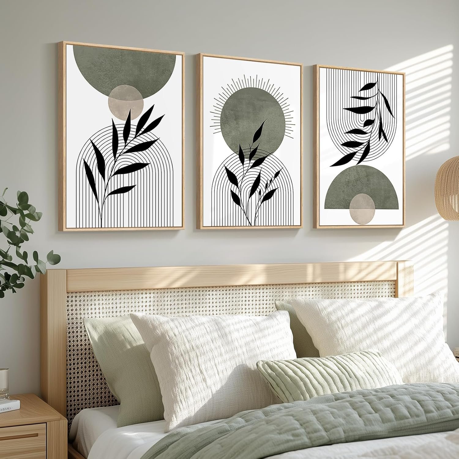 Framed Boho Sage Green Wall Art for Bedroom, 3 Piece Large Abstract Botanical Canvas Artwork Decor, Beige White Sun Moon Geometric Leaf Painting Prints for Living Room Dining Room Office 16×24 Inch