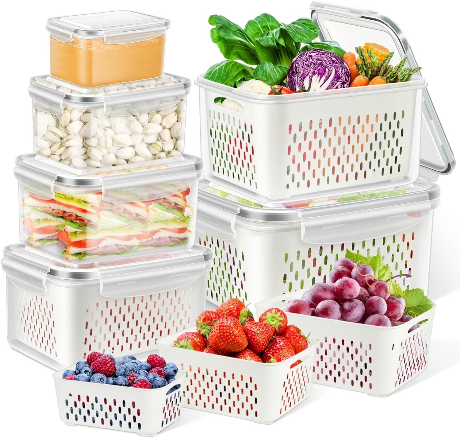 TBMax 12 Pieces Fruit Storage Containers for Fridge Organizers and Storage, 6 Pack Large Produce Saver with Airtight Lid & Colander for Berry Lettuce Salad Vegetable Storage, Refrigerator Organizer