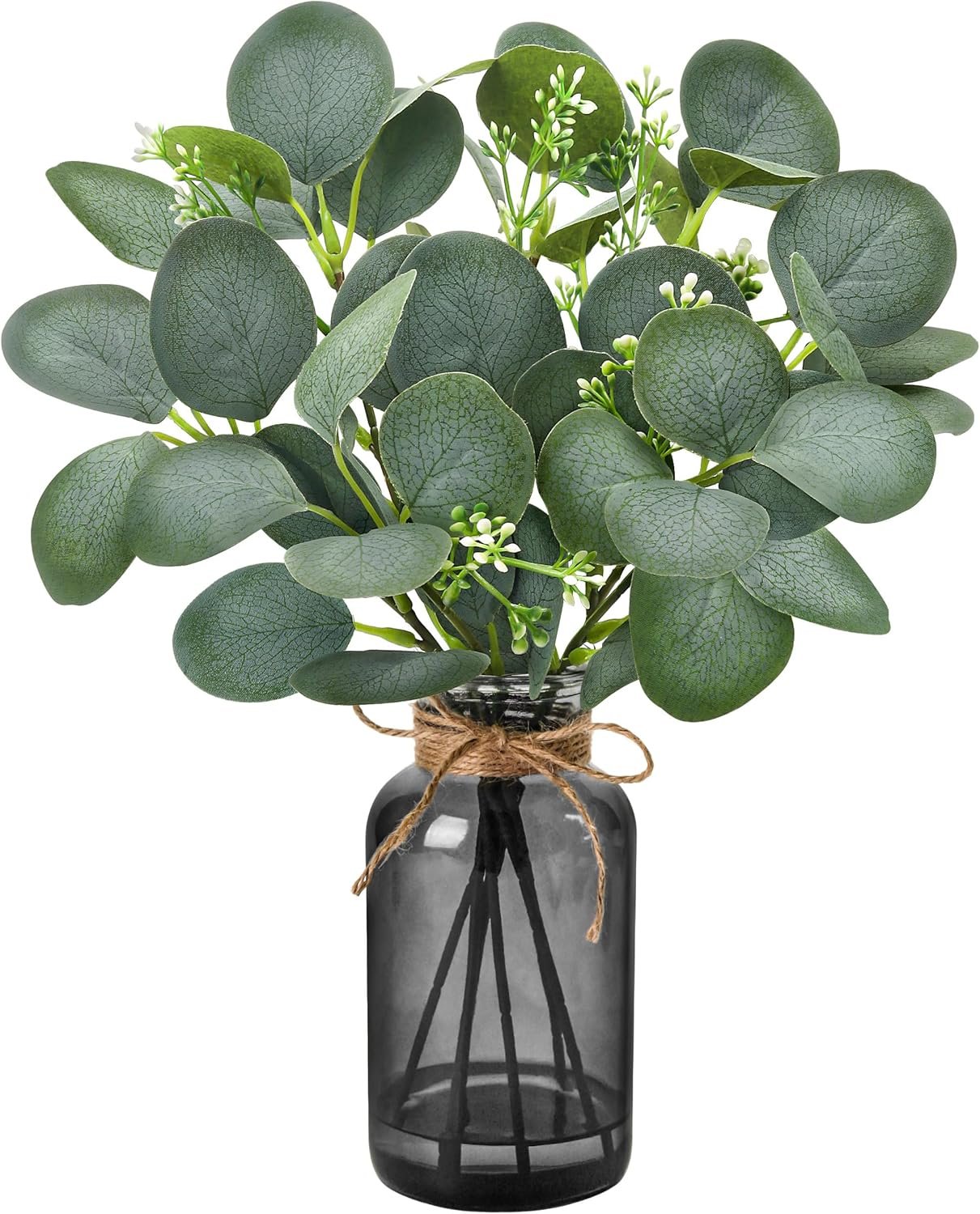 Der Rose 13.5″ Fake Plants for Black Bathroom Decor Artificial Eucalyptus Stems in Black Glass Vase with Faux Water for Office Desk Accessories Farmhouse Home Table Centerpiece Decor（Sage Green）