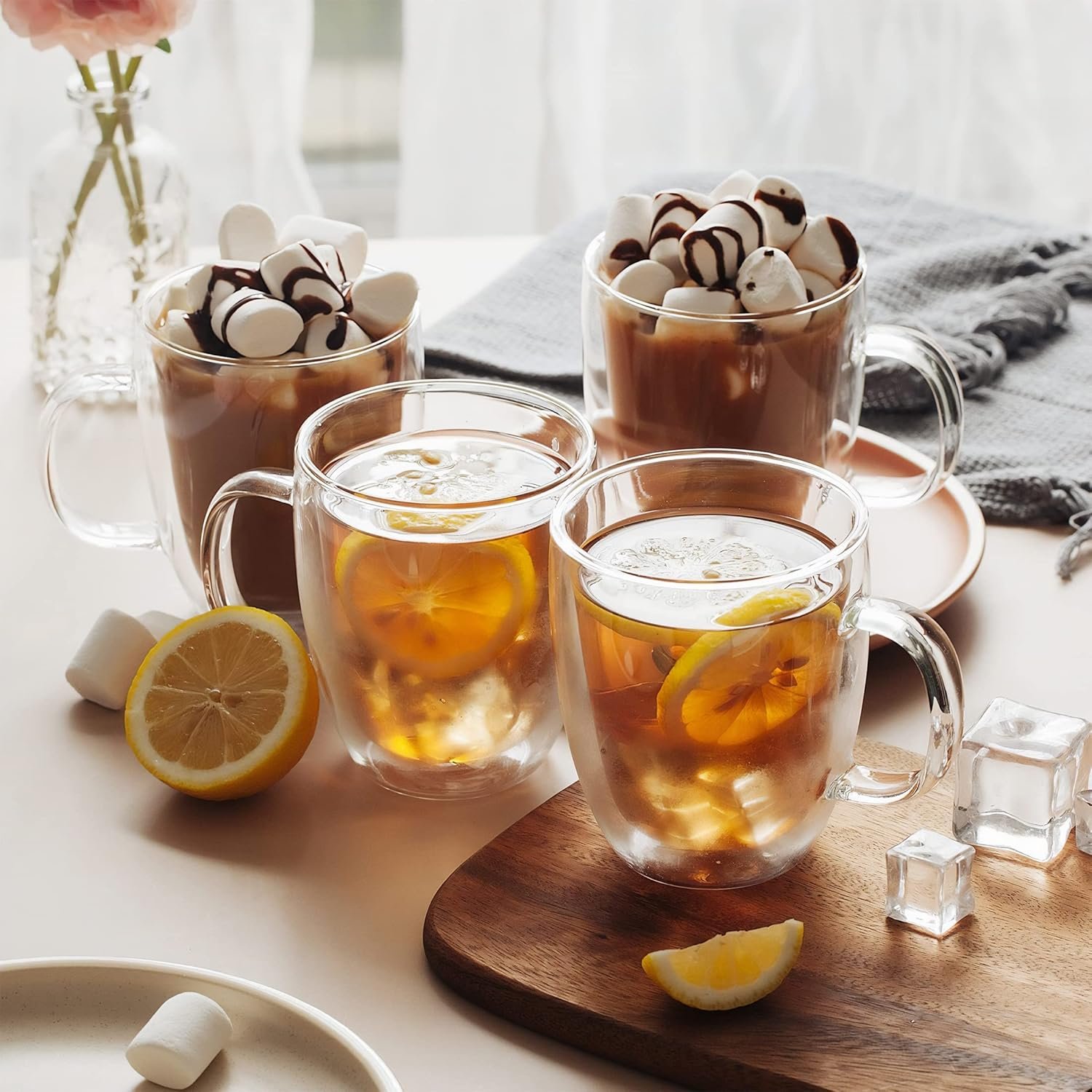 Moss & Stone Set of 4 Double Wall Glass Cup Clear Mug, Double Walled Coffee Mugs 7.4 Oz, Glass Tea Mugs, Insulated Coffee Mug With Handle & 2 Glass Spoons, Cappuccino Cups Set