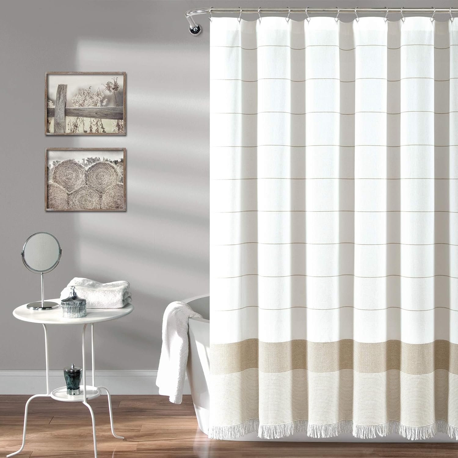 Lush Decor White Woven Cotton Shower Curtain with Taupe Stripe and Tassel Fringe, Bathroom Accessories (72″ x 72″)