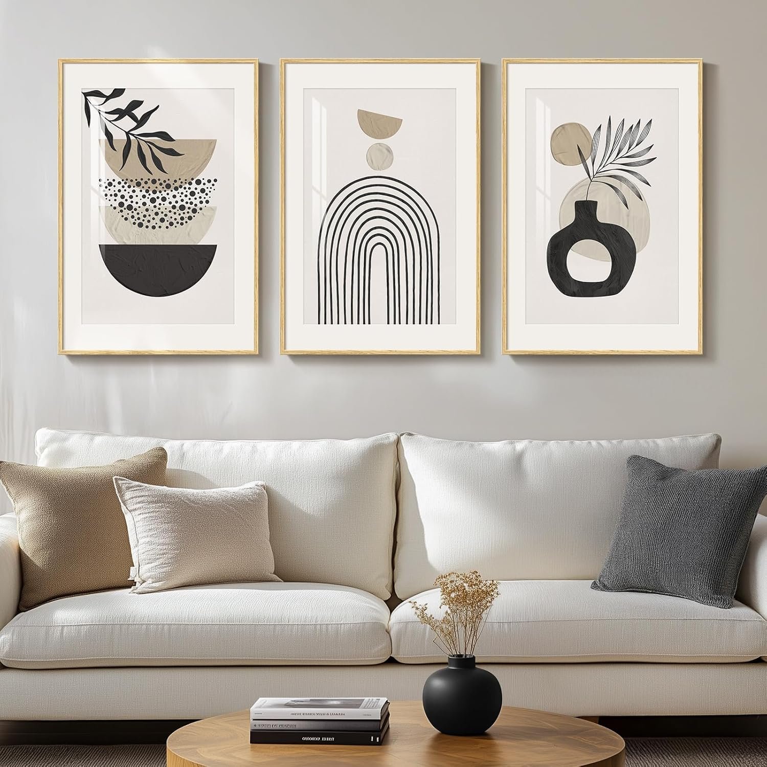 Framed Boho Wall Art for Living Room, Large Neutral Bohemian Wall Decor, 3 Piece Mid Century Beige Artwork for Walls, Canvas Boho Geometric Pictures Prints for Bedroom Kitchen Hallway Decor, 16×24 In