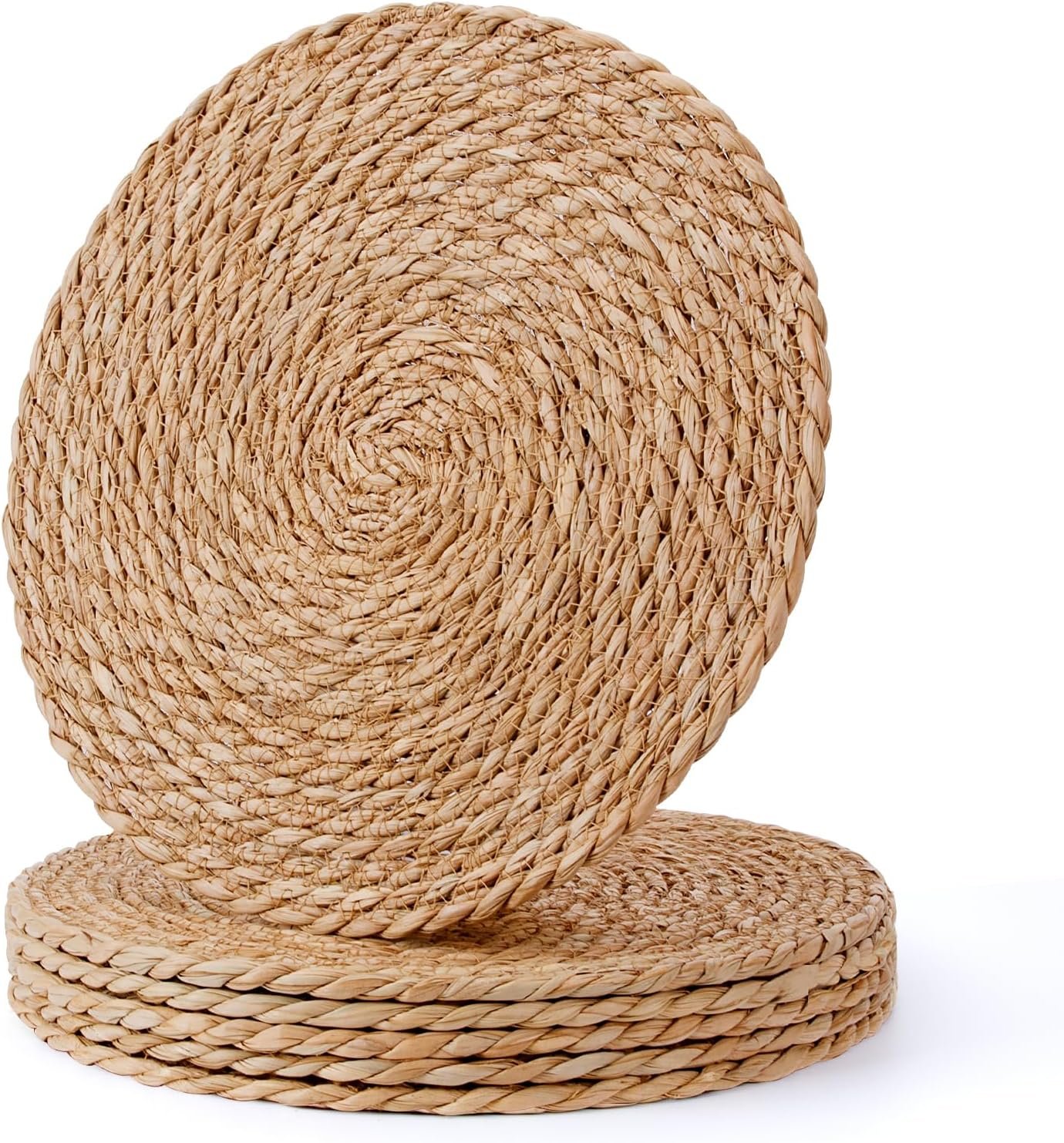 Round Woven Placemats 13.5 inch Set of 6, Boho Hand-Woven Rattan Natural Water Hyacinth Placemats, Farmhouse Weave Chargers, Heat Resistant Rustic Braided Wicker for Dining Table,Kitchen,Wedding,Home