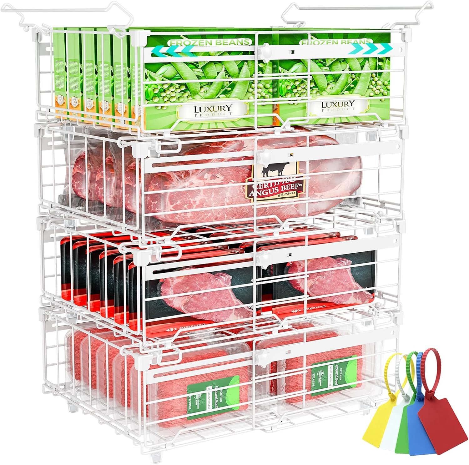 OPENICE Deep Freezer Organizer Bins, Expandable from 11.0″ to 17.0″ Stackable Freezer Baskets for Chest Freezer with 5 Tags, Bins for Chest Freezer Organization – 4 PCS, White