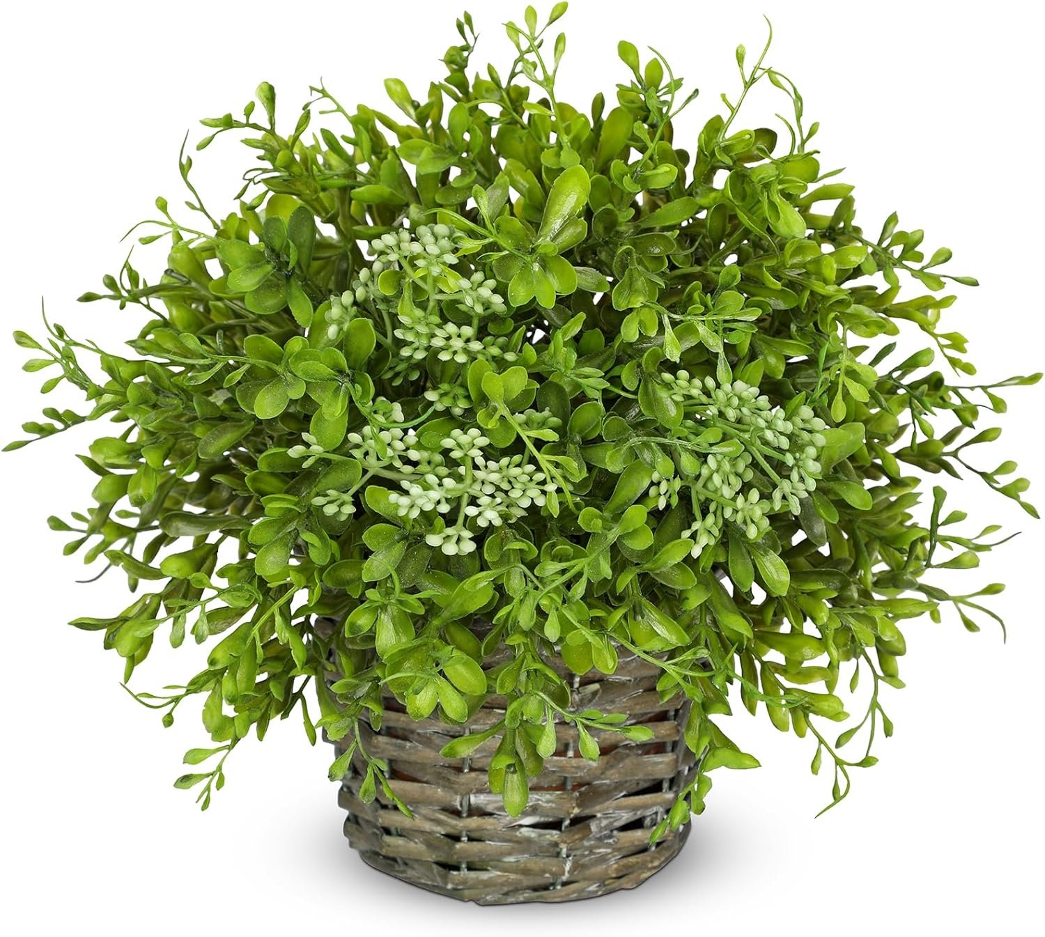 Hollyone Artificial Boxwood Plant in Woven Pot 9” Fake Potted Plants Topiary Boxwood Greenery Arrangement Centerpiece Faux Plants for Home Indoor Outdoor Farmhouse Office Desk Centerpiece Shelf Decor