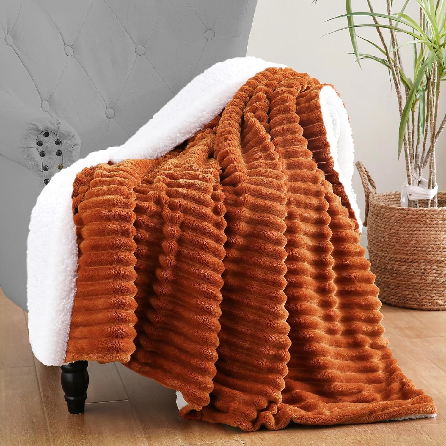 Burnt Orange Sherpa Fleece Throw Blanket 50”×60” for Couch Sofa Bed,Double Side Soft Fuzzy Cozy Plush Thick Flannel Blanket with Striped Design Gift for Mother Woman