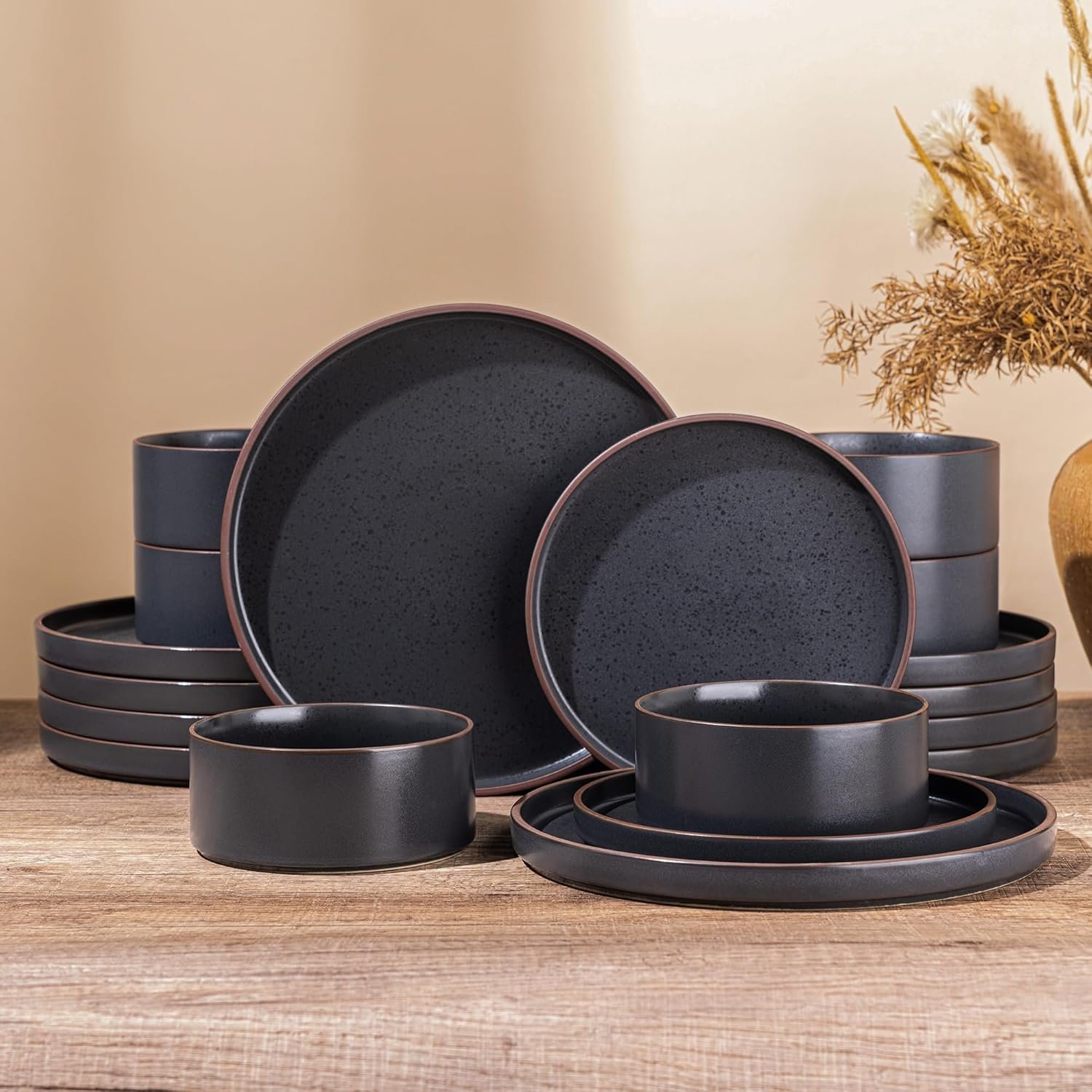 LERATIO Ceramic Dinnerware Sets of 4, High Edge Stoneware Plates and Bowls Set, Chip and Crack Resistant | Oven & Dishwasher & Microwave Safe Dishes Set, Service for 4 -Ashen