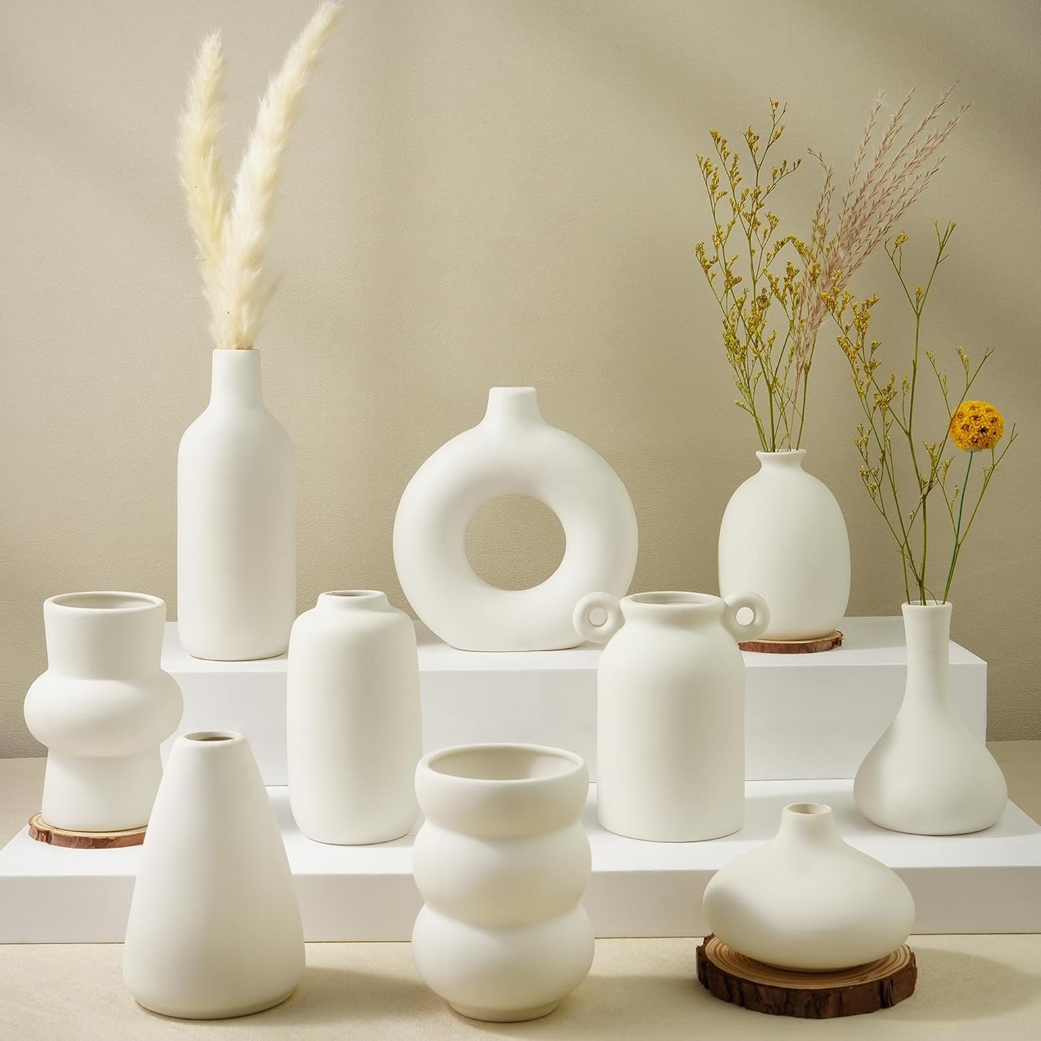 Small White Ceramic Vase Set of 10 Ceramic Bud Vases in Bulk Modern Farmhouse Boho VaseS for Pampas Grass, Flowers, Decorative Ceramic White Flower Vases for Home Decor, Entryway Table Decor