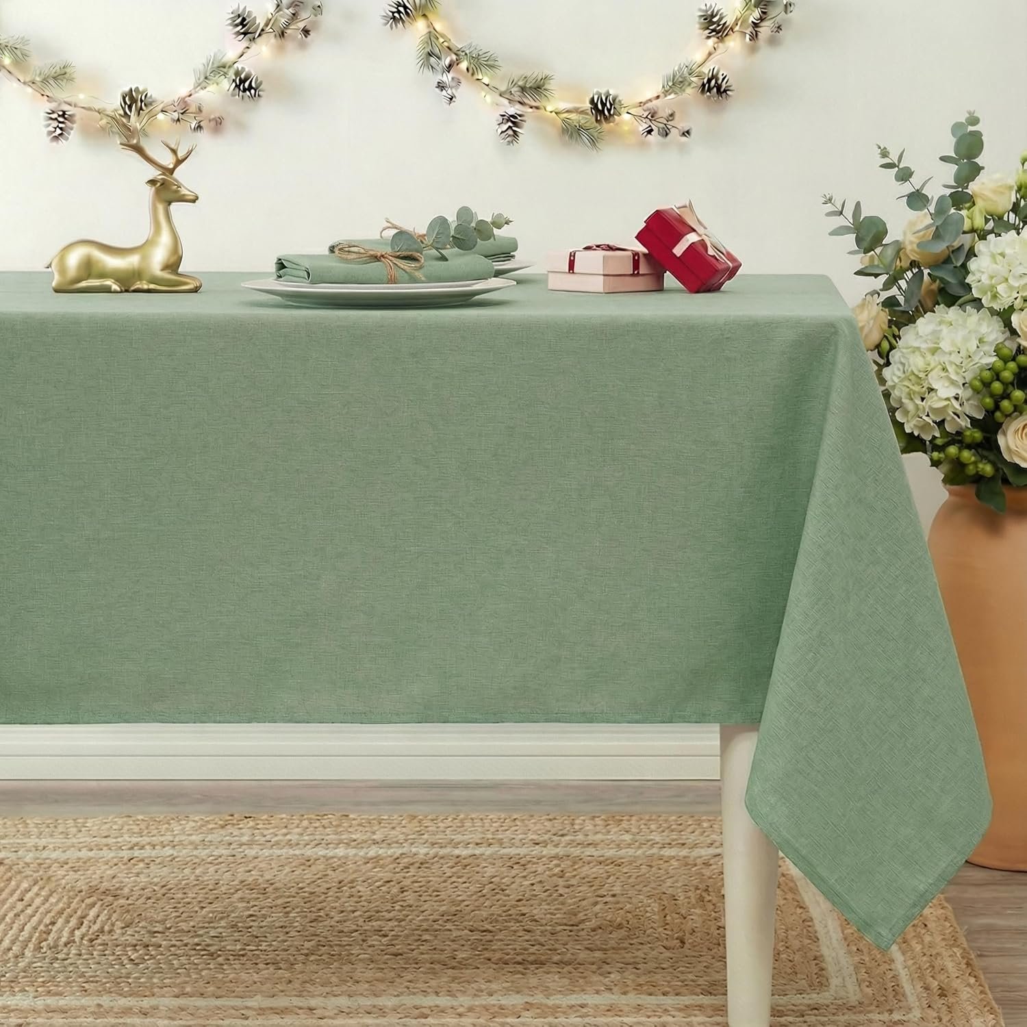 Rectangle Table Cloth, Waterproof and Stain Resistant Linen Style Farmhouse Tablecloth, Washable Faux Decoration Fabric Table Cover for Kitchen Dinning or Outdoor use, Sage Green 52 x 70 Inch