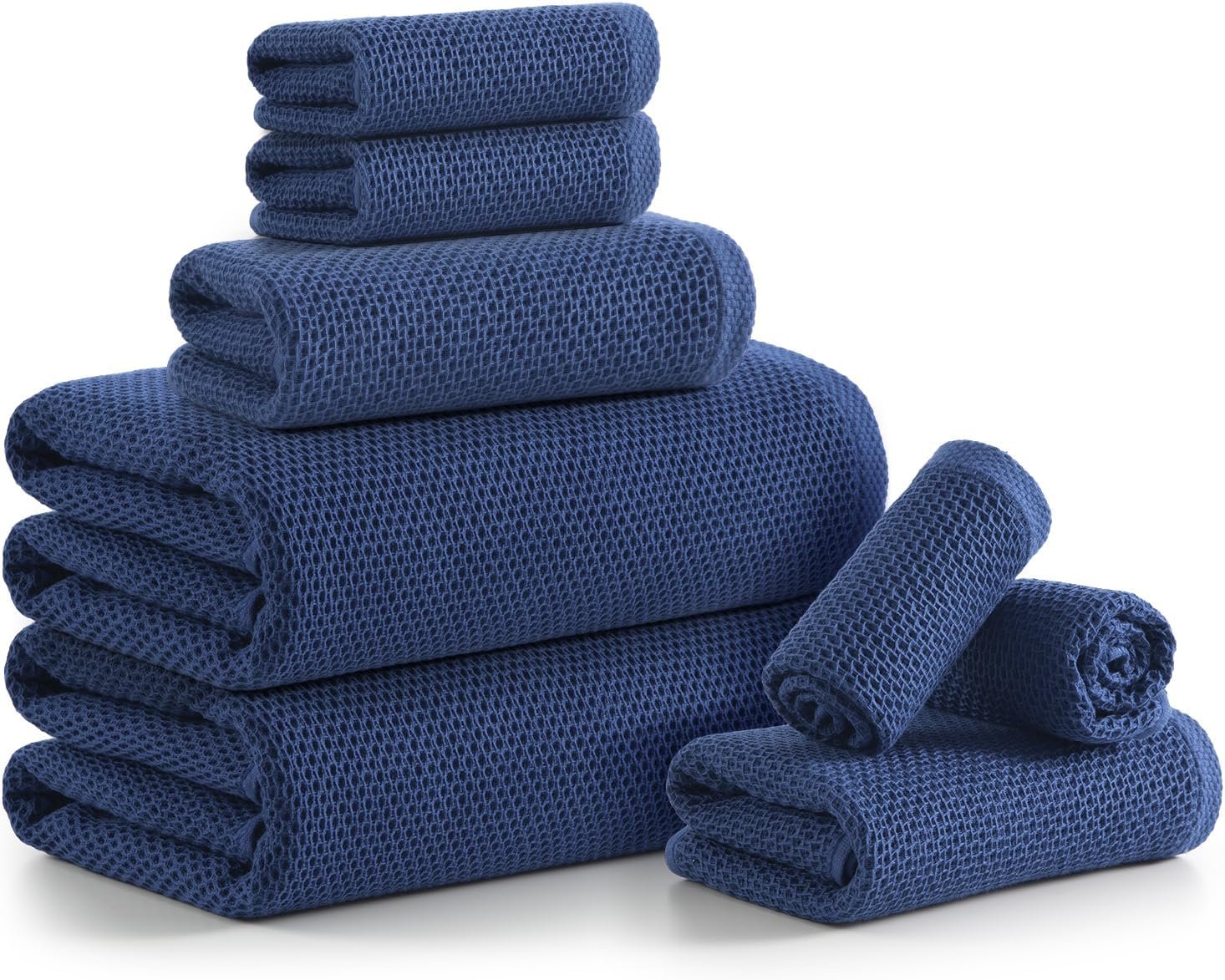 REDKISS 8 Piece Waffle Weave Towel Set – 100% Cotton Lightweight & Quick Dry – Highly Absorbent for Bathroom, Spa, Home, 2 Bath Towels, 2 Hand Towels, 4 Washcloths – Blue
