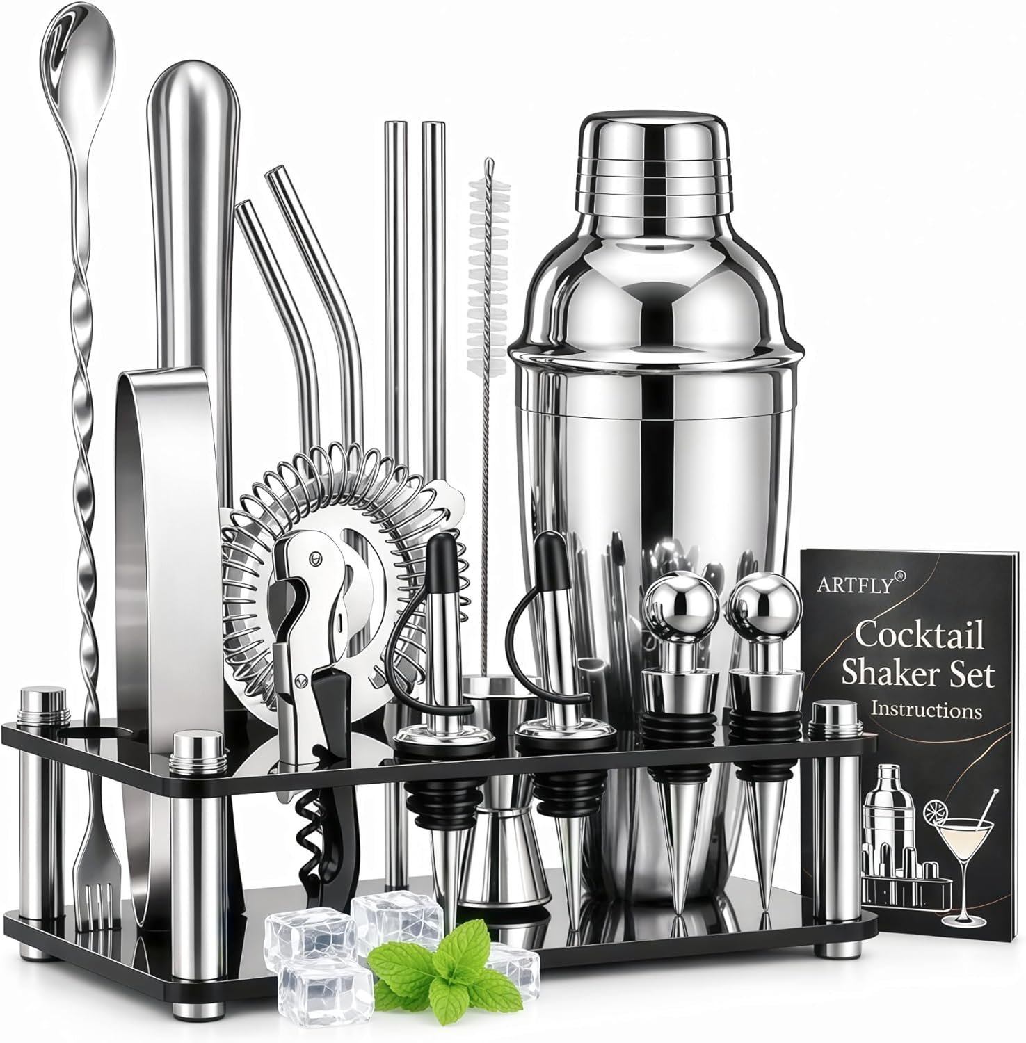 Cocktail Shaker Set, 18-Piece Bartender Kit with Acrylic Stand, 18/8 Stainless Steel Bar Set with Martini Shaker, Jigger, Muddler & Recipe Book for Home Bar