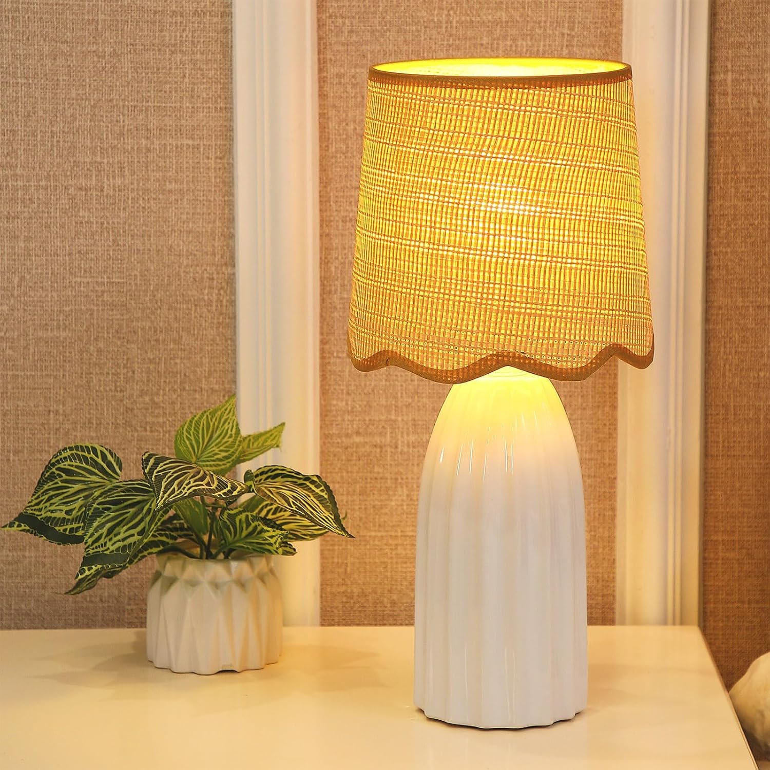 Small White Ceramic Table Lamp for Bedroom, Modern Bedside Lamps with Wicker Shade, Boho Side Table Lamp for Nightstand Living Room Office, E26 Socket, H 15″ x W 7″