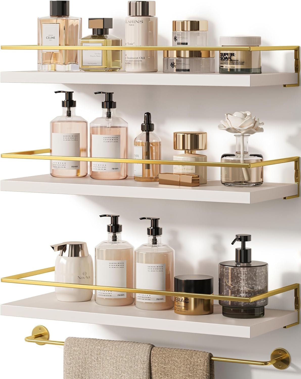 Onlysky Bathoom Shelves, Floaiting Shelves for Bathroom, Set of 3, Bathroom Shelf Wall Mounted (White Gold, 15.7 Inches, 3)