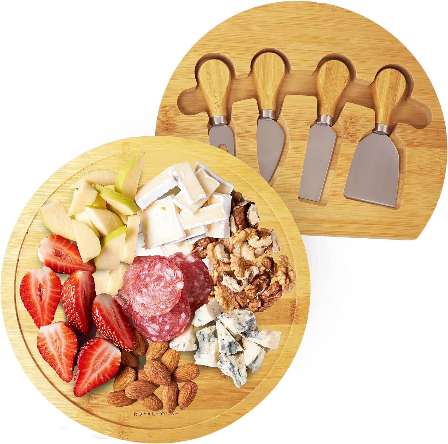 RoyalHouse Bamboo Round Cheese Board and 4 Knives Set with Slide-Out Cutlery Drawer – Charcuterie Boards Set – House Warming Gifts New Home, Wedding Gifts for Couple 2025, Bridal Shower