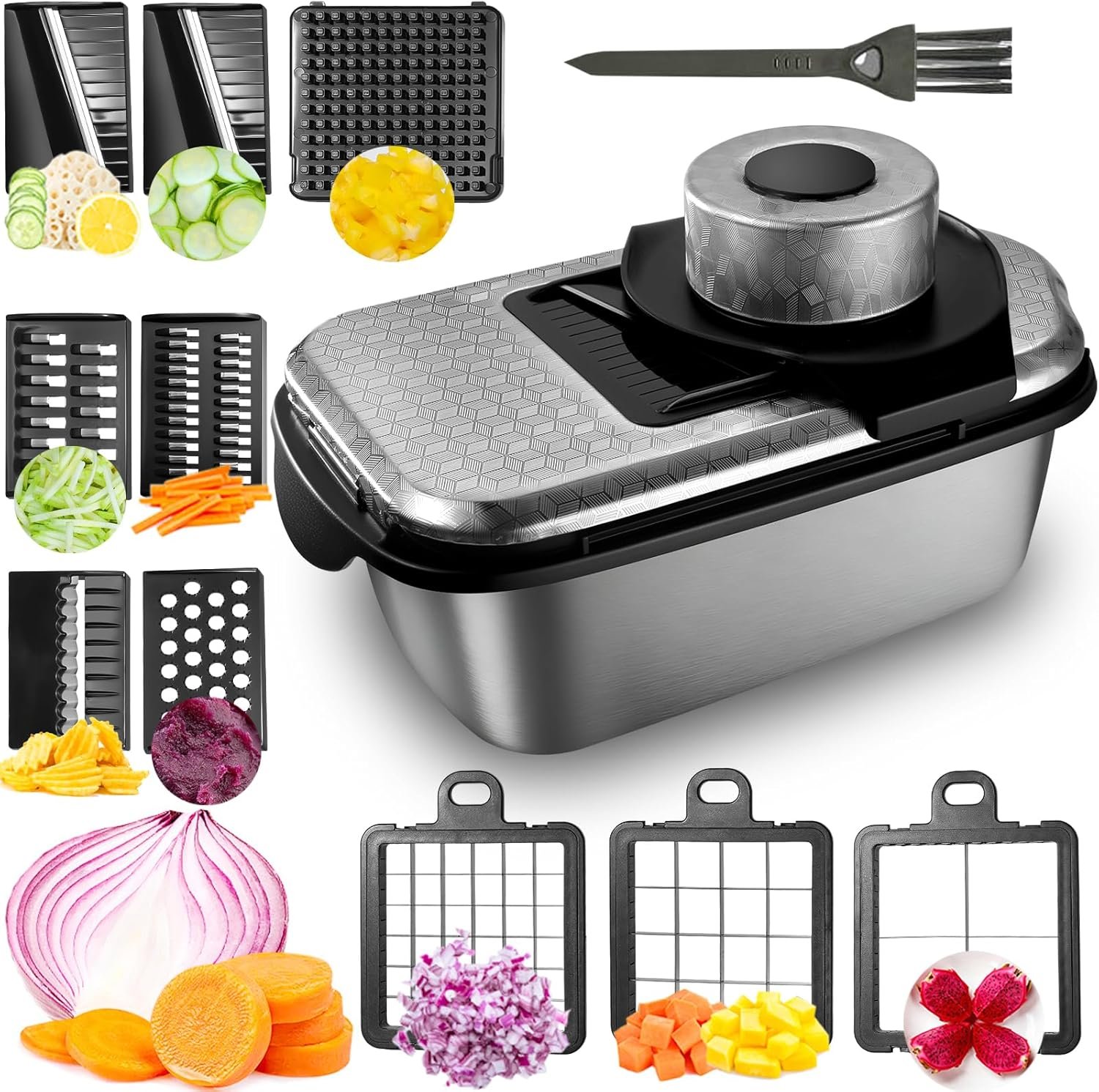 FANTEXY 9-In-1 Vegetable Chopper for Mandoline Slicer, Stainless Steel Food Chopper with Container, Heavy-duty Large Veggie Choppers, Multifunctional Onion Cutter Kitchen Gadgets Dicer Essentials
